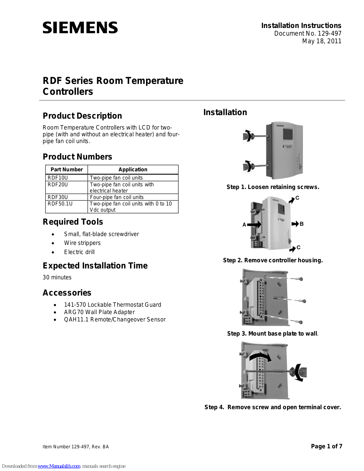 Siemens RDF10U, RDF20U, RDF30U, RDF50.1U Installation Instructions Manual