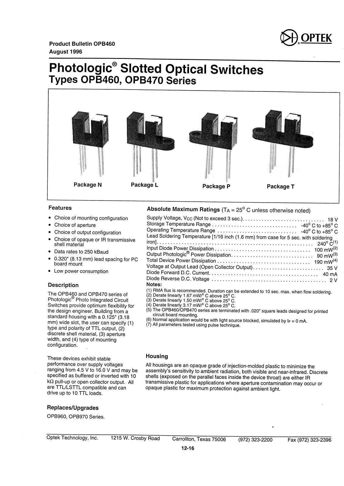 OPTEK OPB462L55, OPB460L11, OPB460N11, OPB461N55, OPB461T51 Datasheet