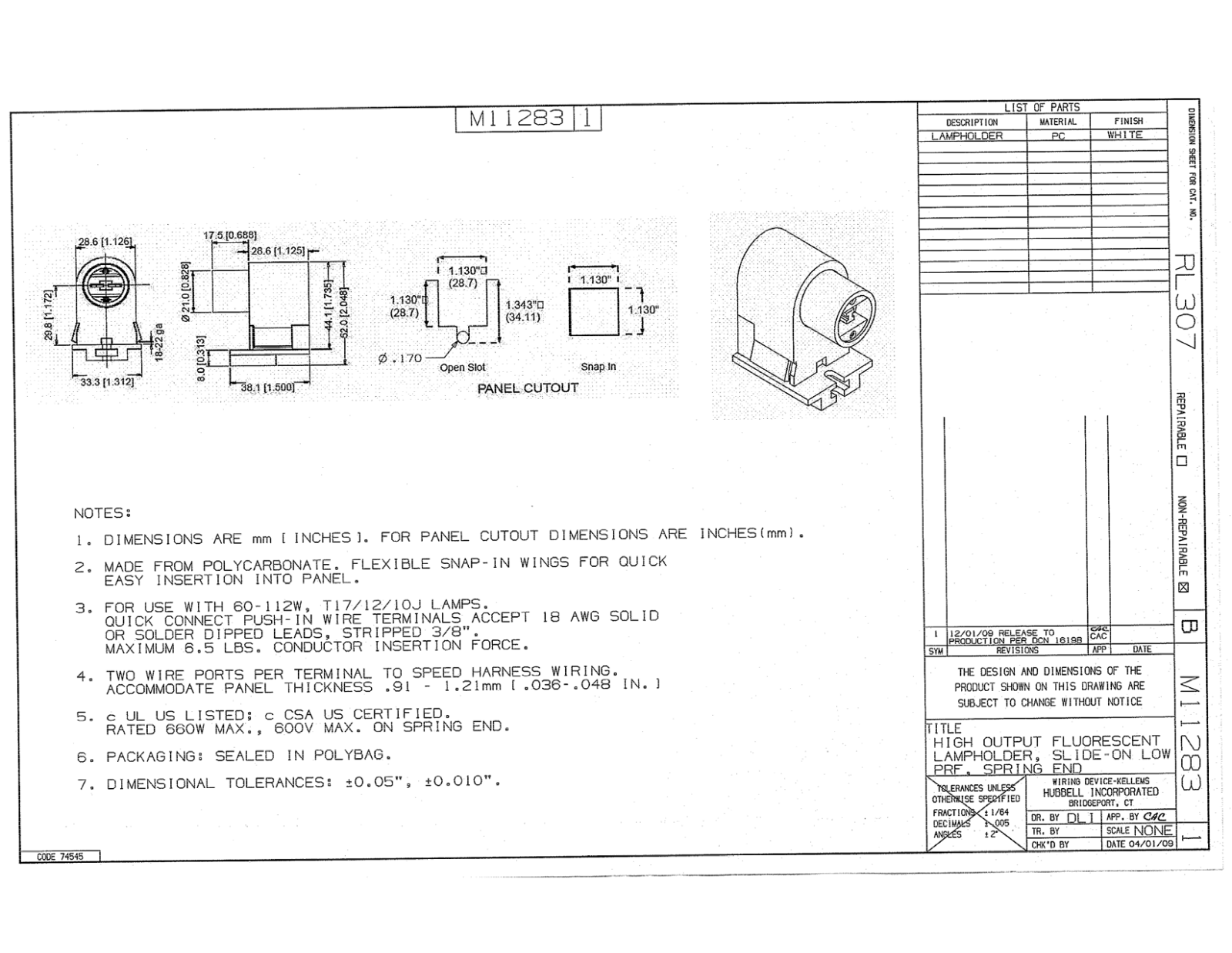 Hubbell RL307 Reference Drawing