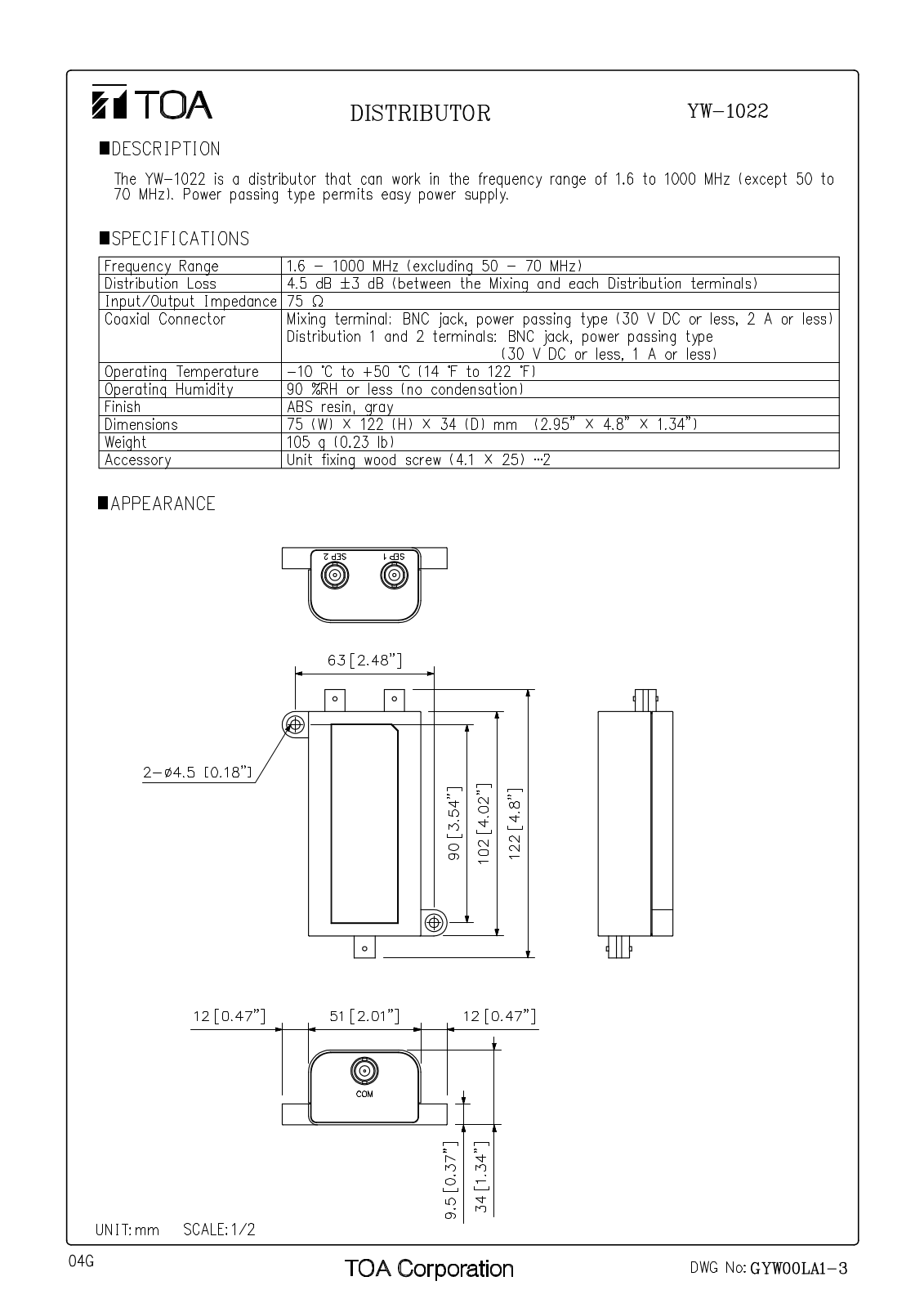 TOA YW-1022 Y User Manual