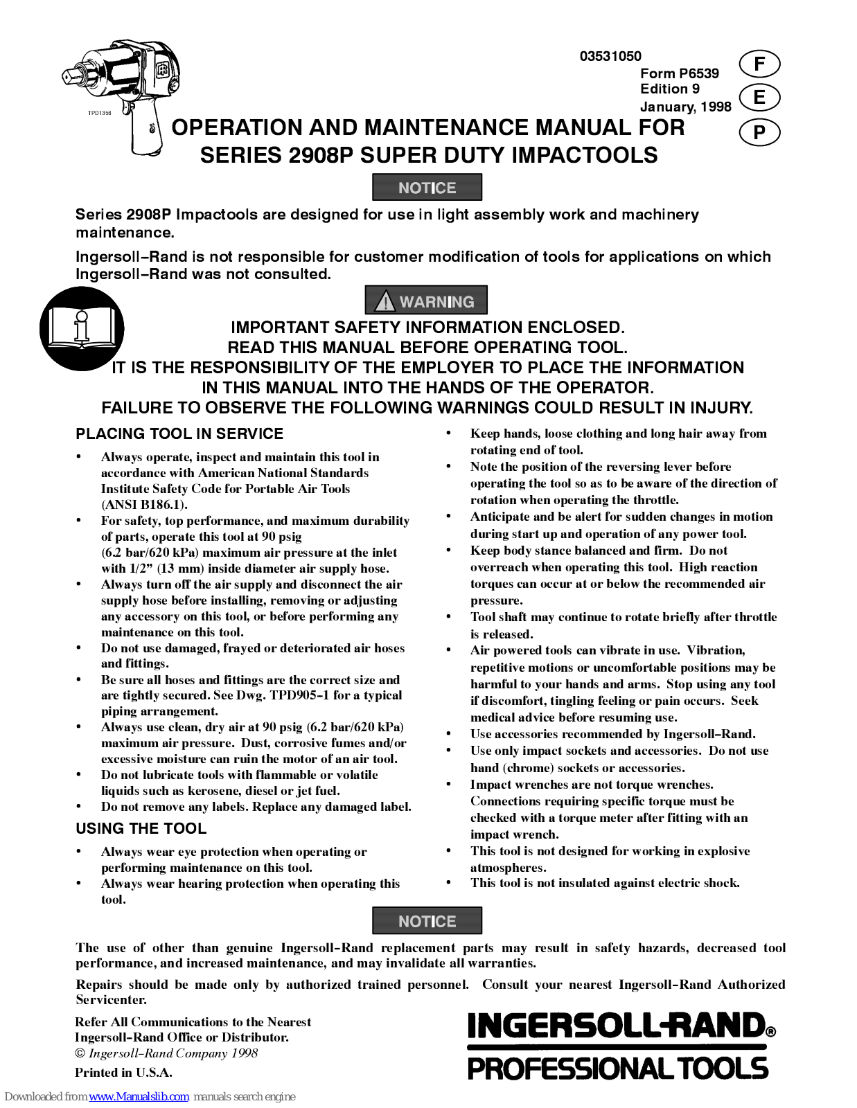 Ingersoll-Rand 2908P Operation And Maintenance Manual