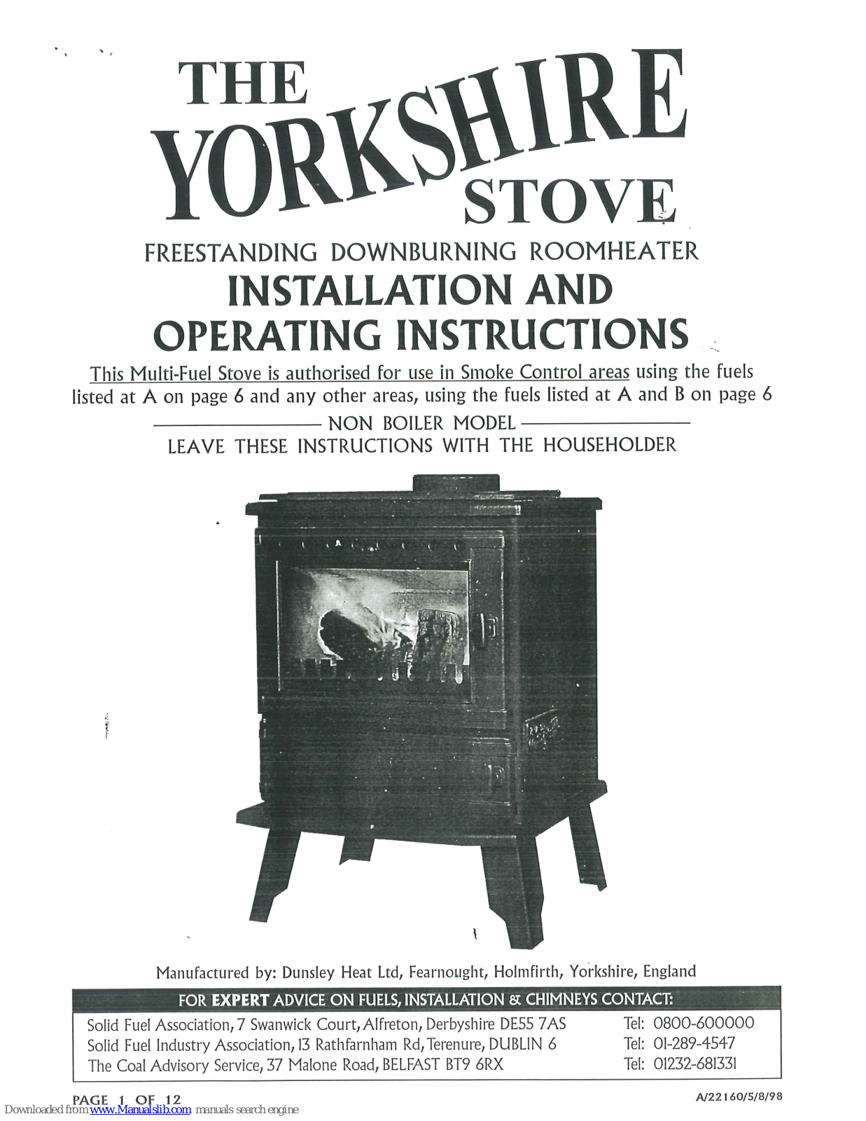 Dunsley Heat The Yorkshire Stove Installation And Operating Instructions Manual