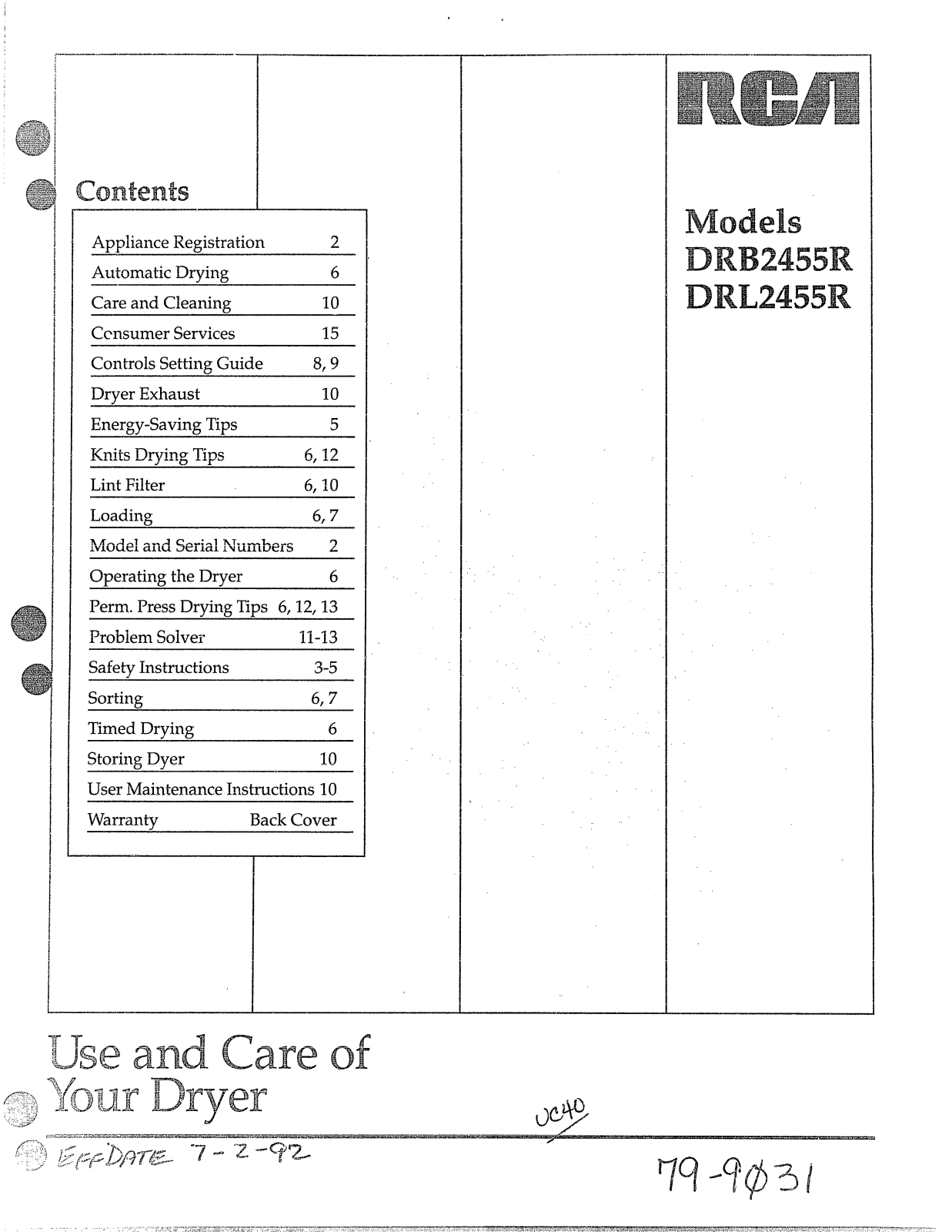 GE DRL2455R, DRB2455R Use and Care Manual