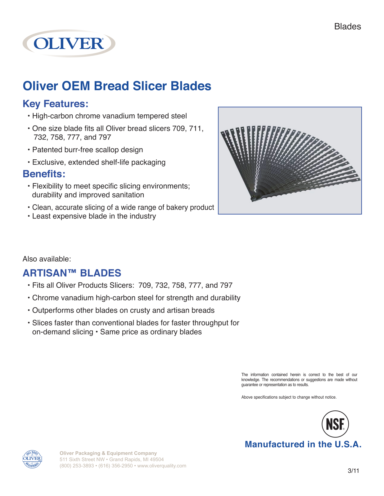 Oliver Slicer Blades Specifications