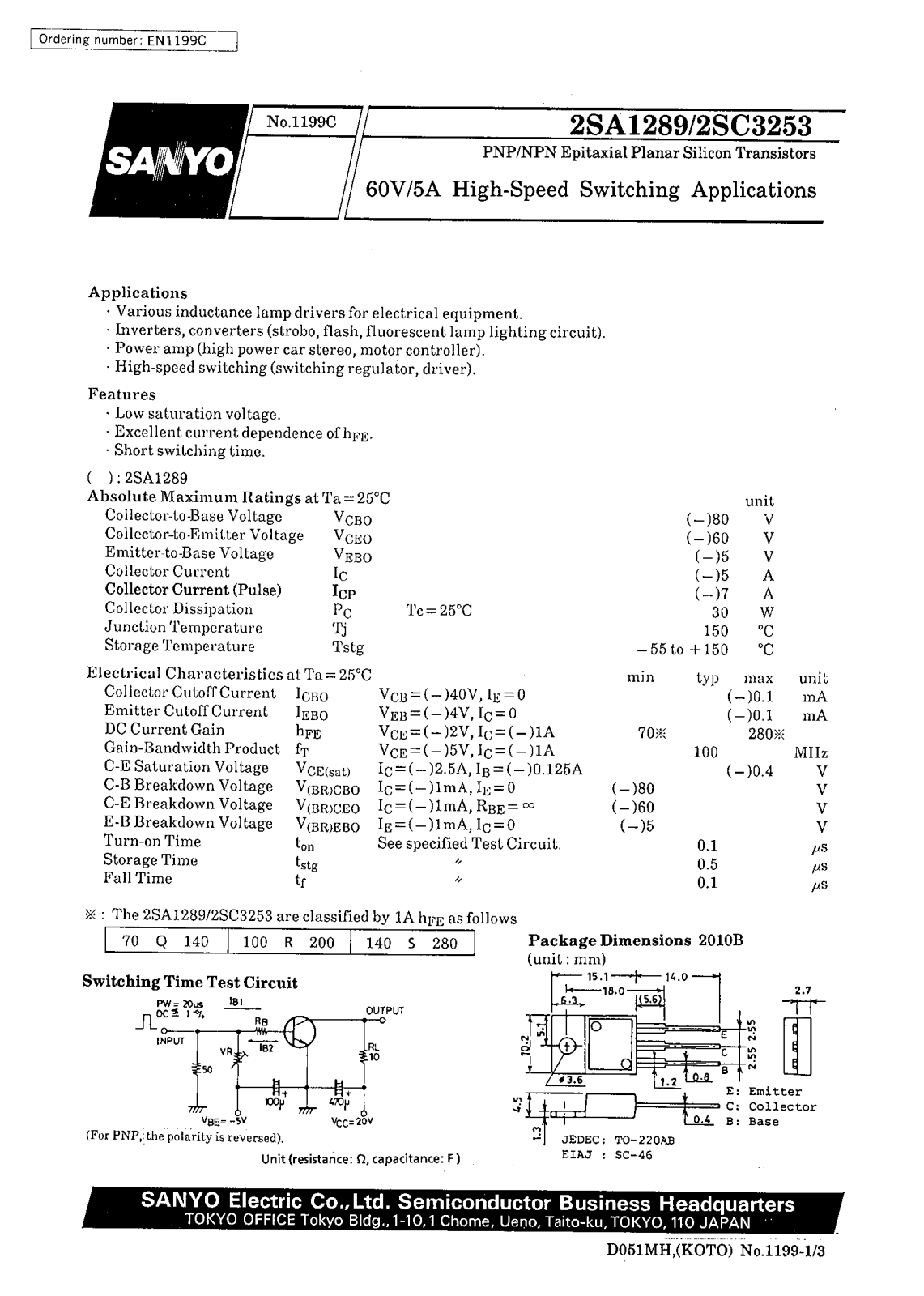 SANYO 2SC3253, 2SA1289 Datasheet