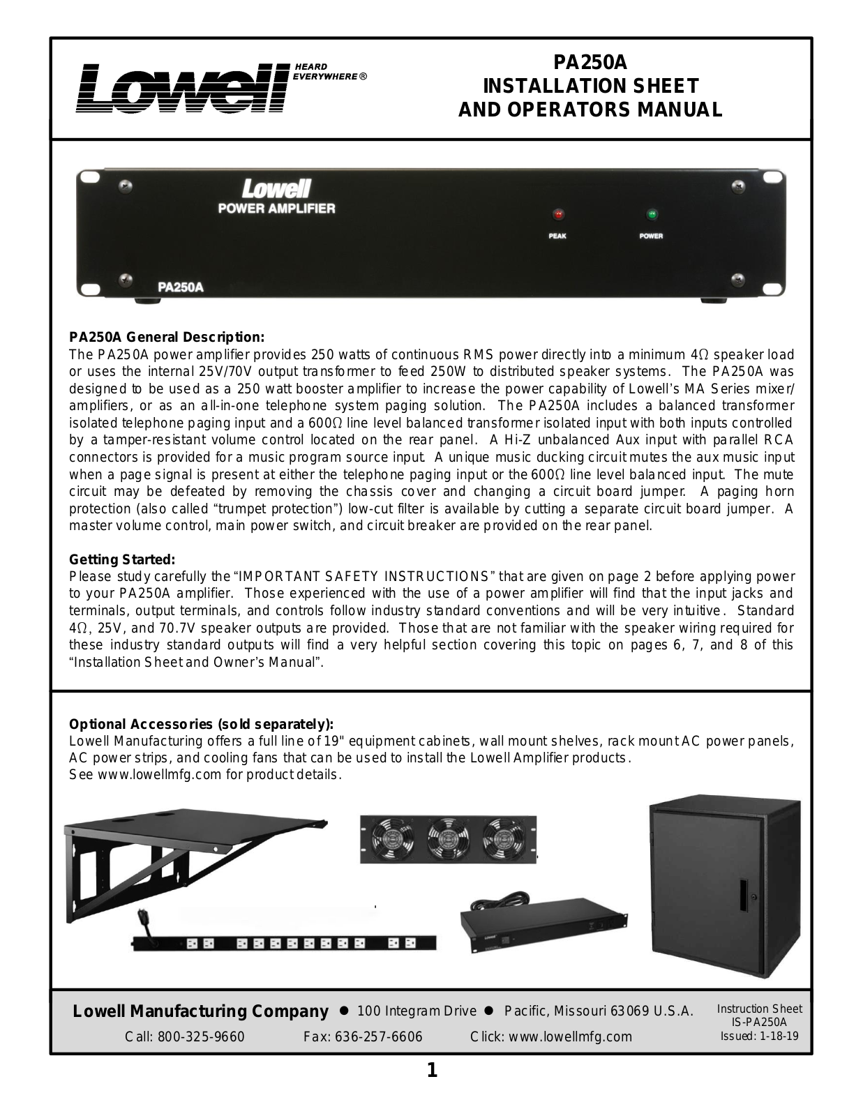 Lowell PA250A Installation Sheet And Operators Manual