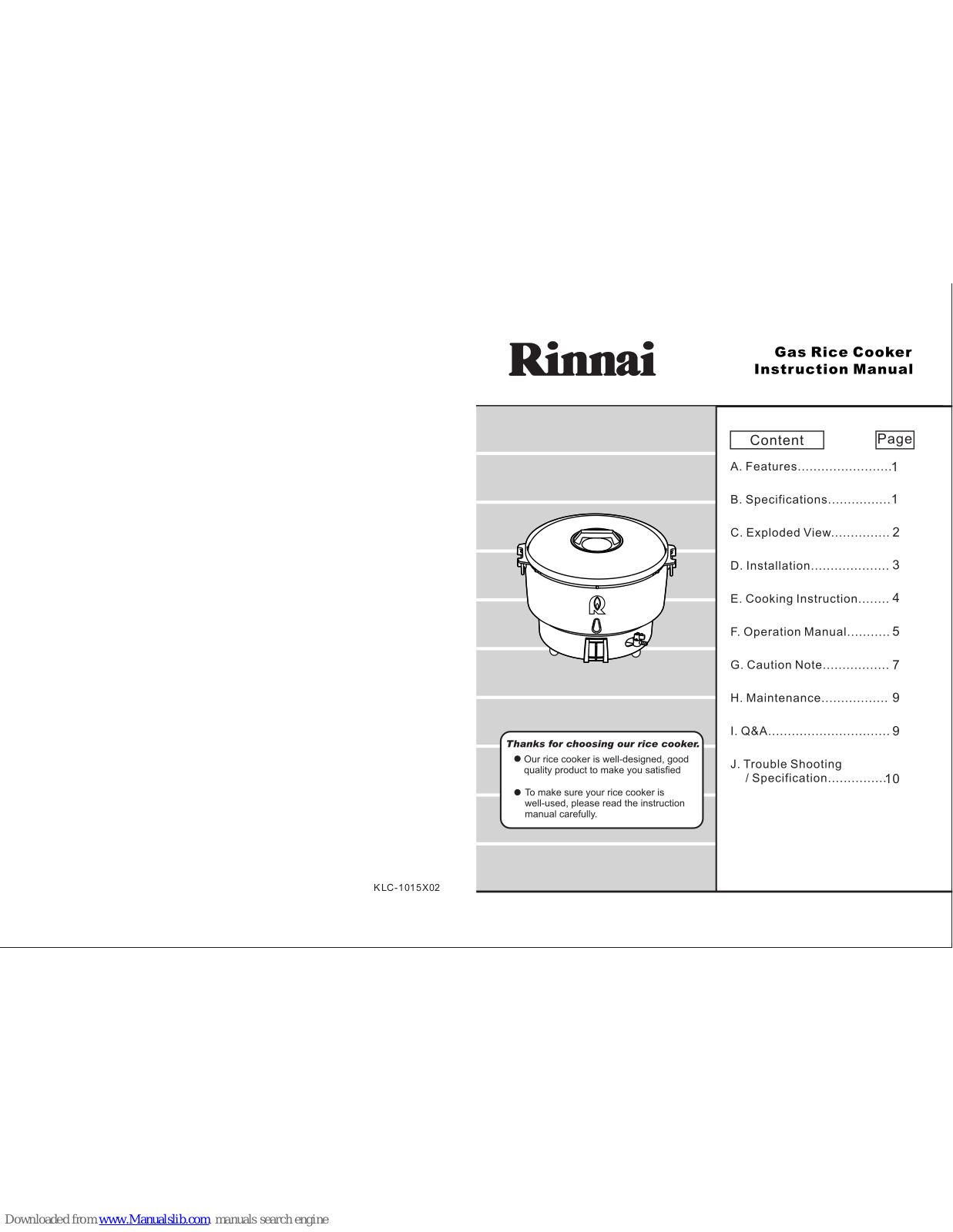 Rinnai Gas Rice Cooker, RR-55EX, RR-50A Instruction Manual