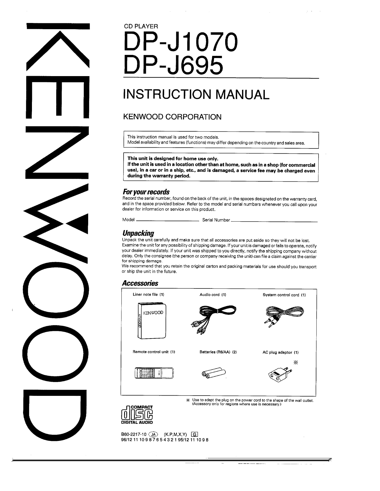 Kenwood DP-J695, DP-J1070 Owner's Manual