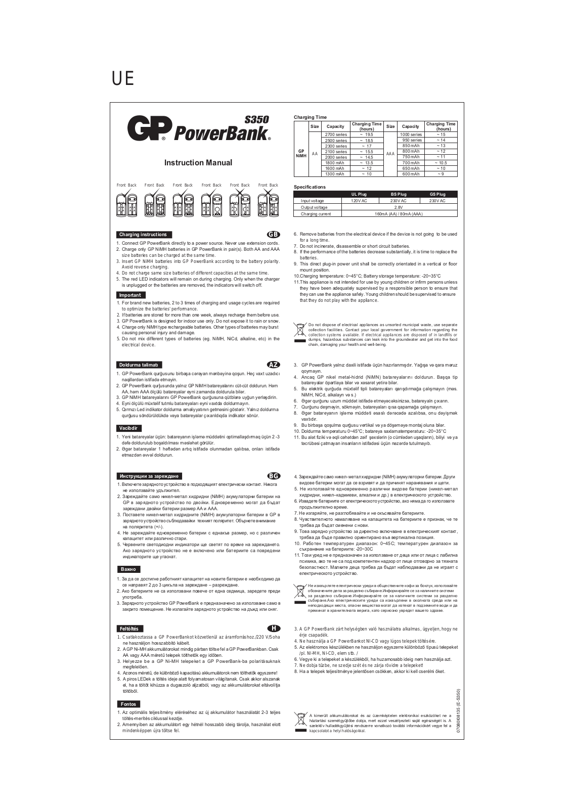 GP BATTERIES POWERBANK S350 User Manual