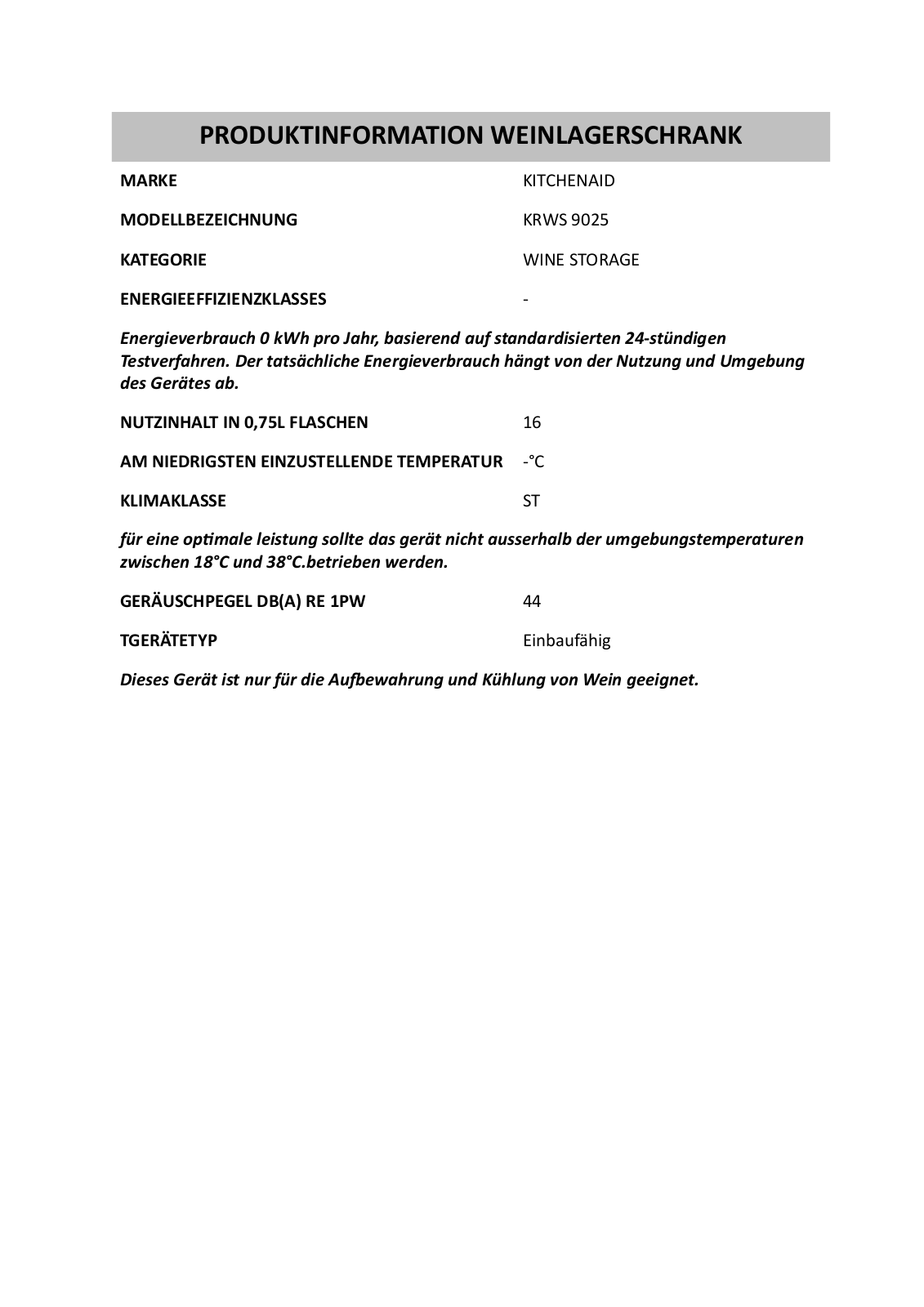 Whirlpool KRWS 9025 PRODUCT SHEET