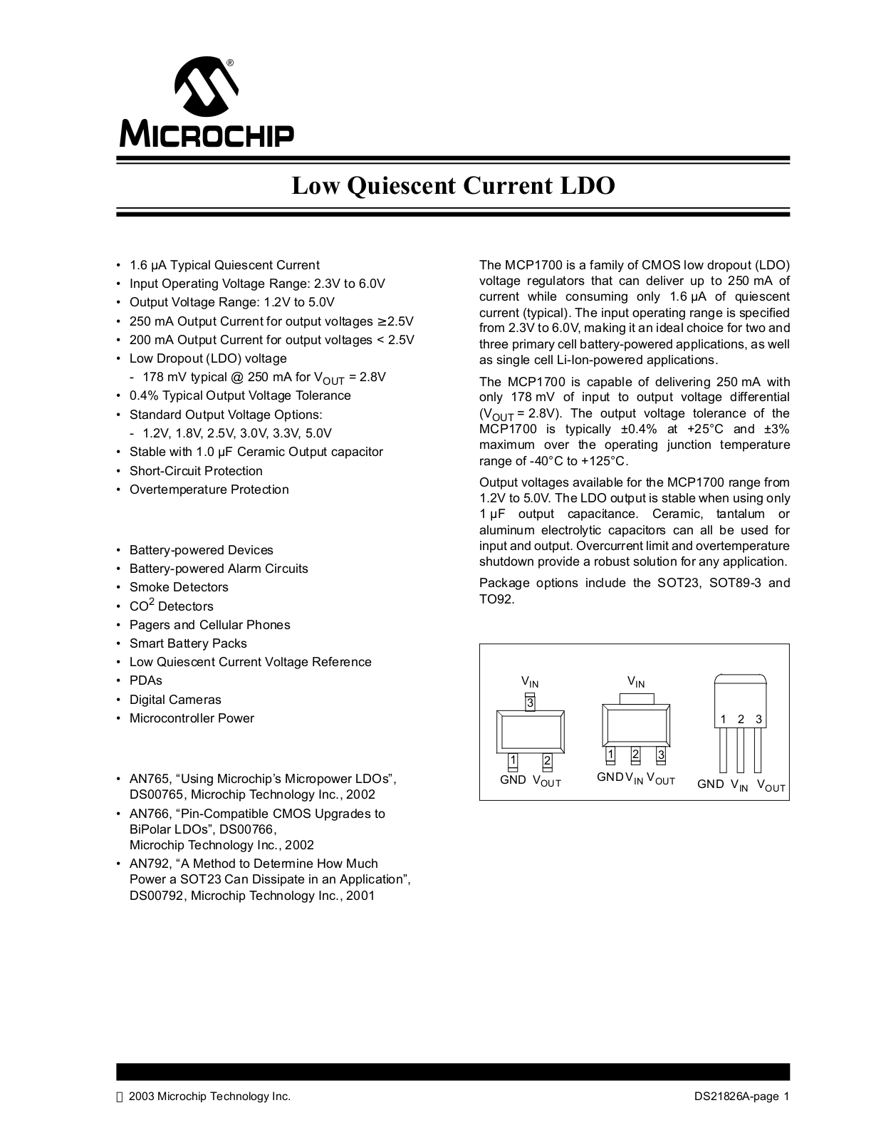 MICROCHIP MCP1700 Technical data