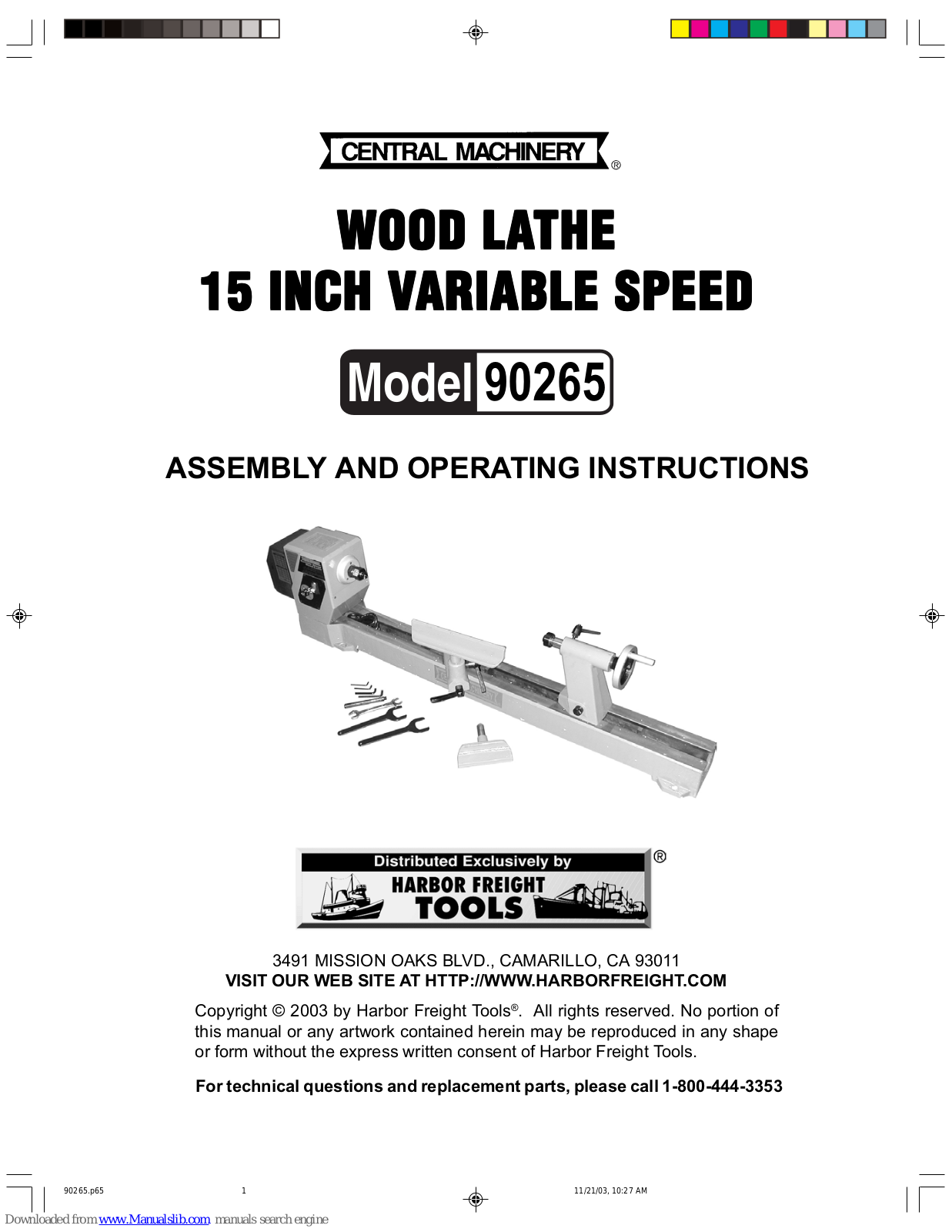 Central Machinery 90265 Assembly And Operating Instructions Manual