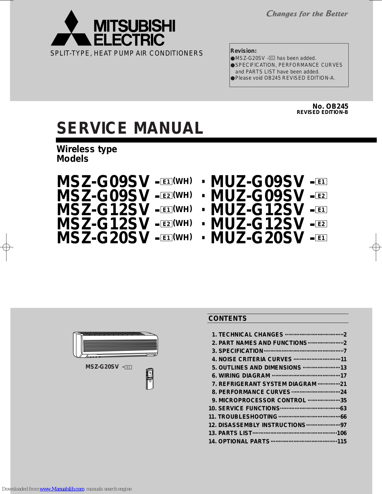 Mitsubishi Electric MSZ-G09SV, MSZ-G12SV, MSZ-G20SV, MUZ-G12SV, MUZ-G09SV Service Manual