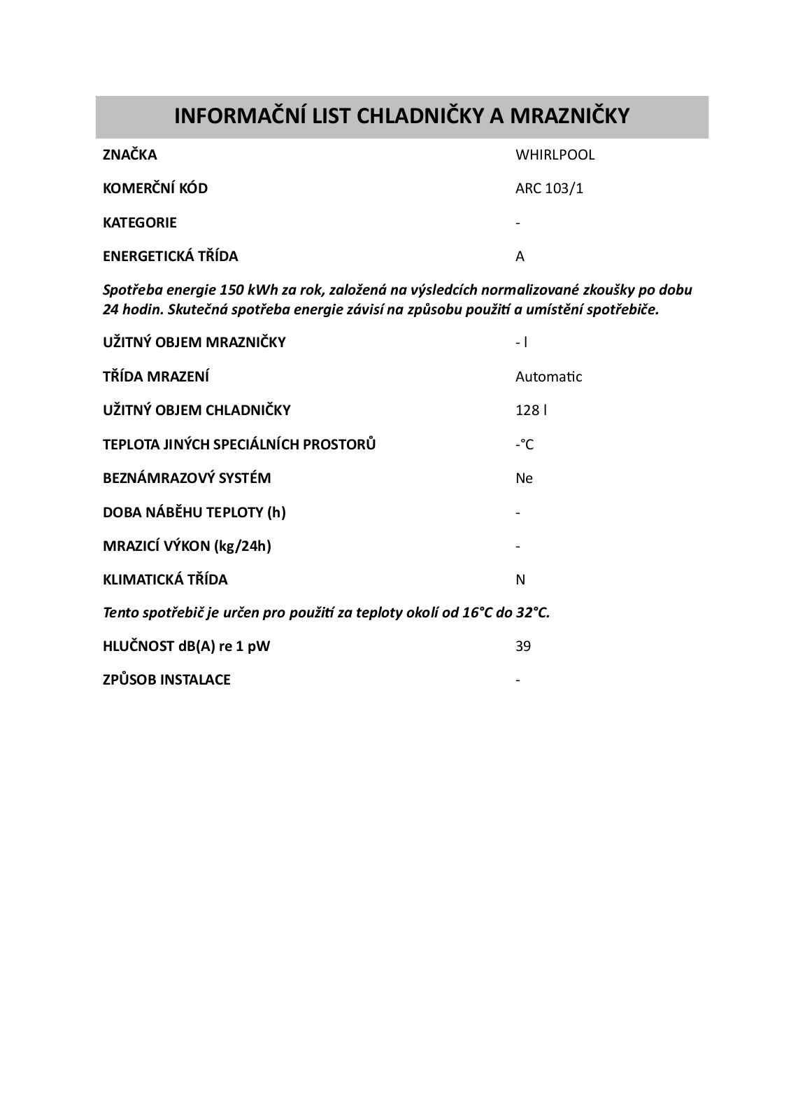 Whirlpool ARC 103-1 User Manual