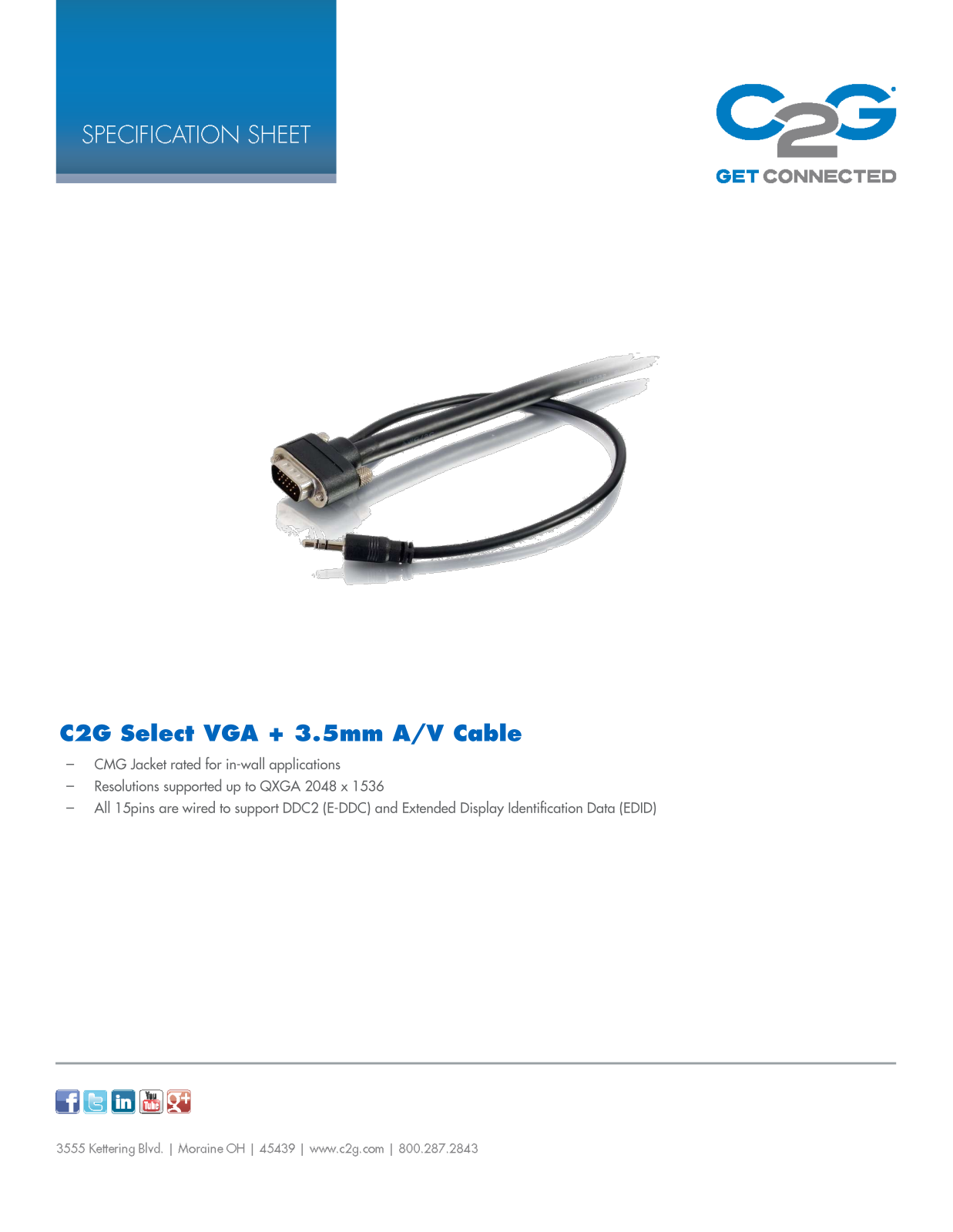 Cables To Go C2G Select VGA + 3.5mm A/V Cable Specifications