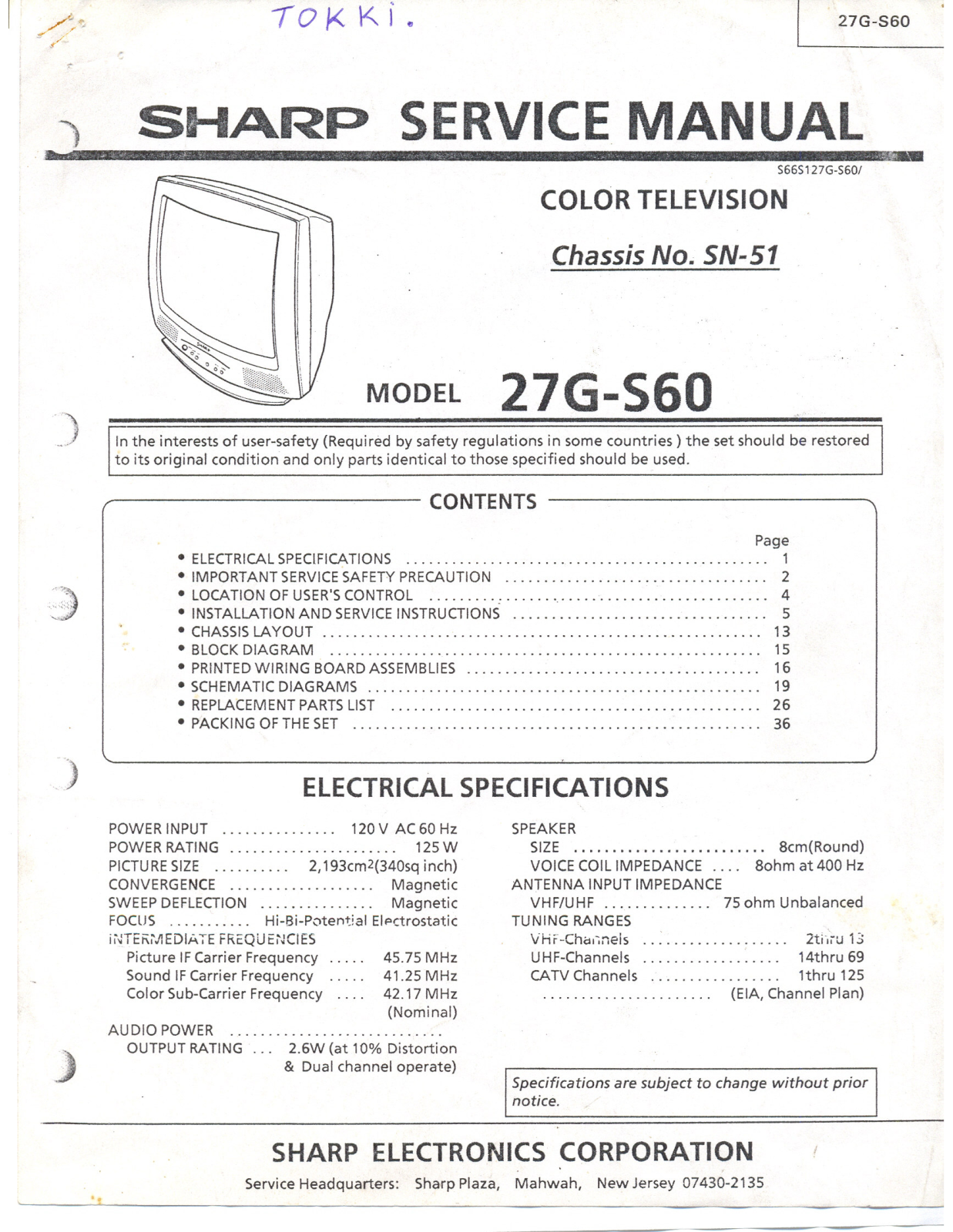 Sharp 27G S60 Service Manual