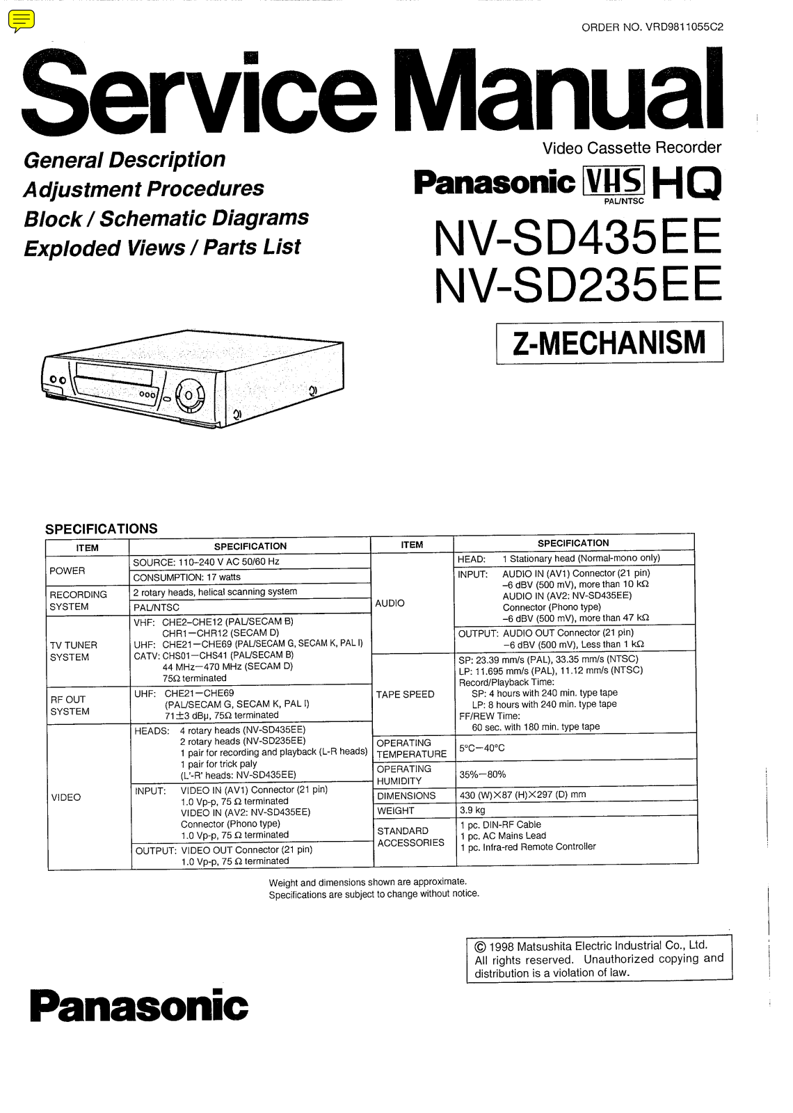 Panasonic NV-SD235EE, NV-SD435EE Service Manual