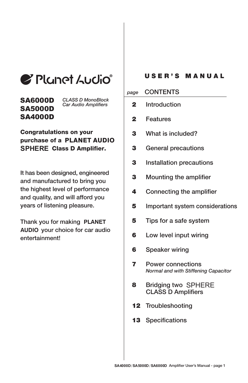 Planet Audio SA4000D, SA5000D, SA6000D User Manual