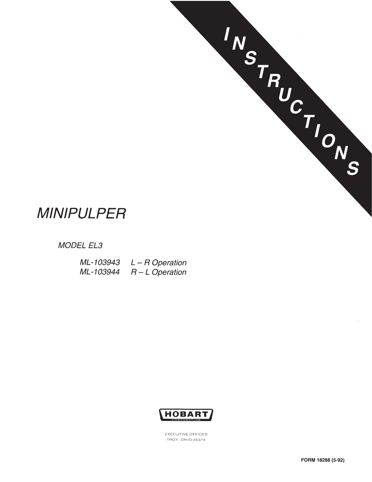 Hobart EL-3 Installation Manual