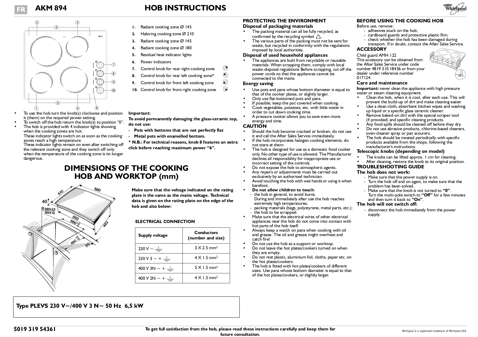 Whirlpool AKM 894/NB PROGRAM CHART