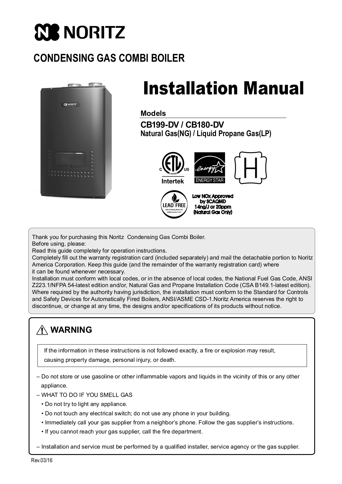 Noritz America CB199-DV, CB180-DV Installation Manual