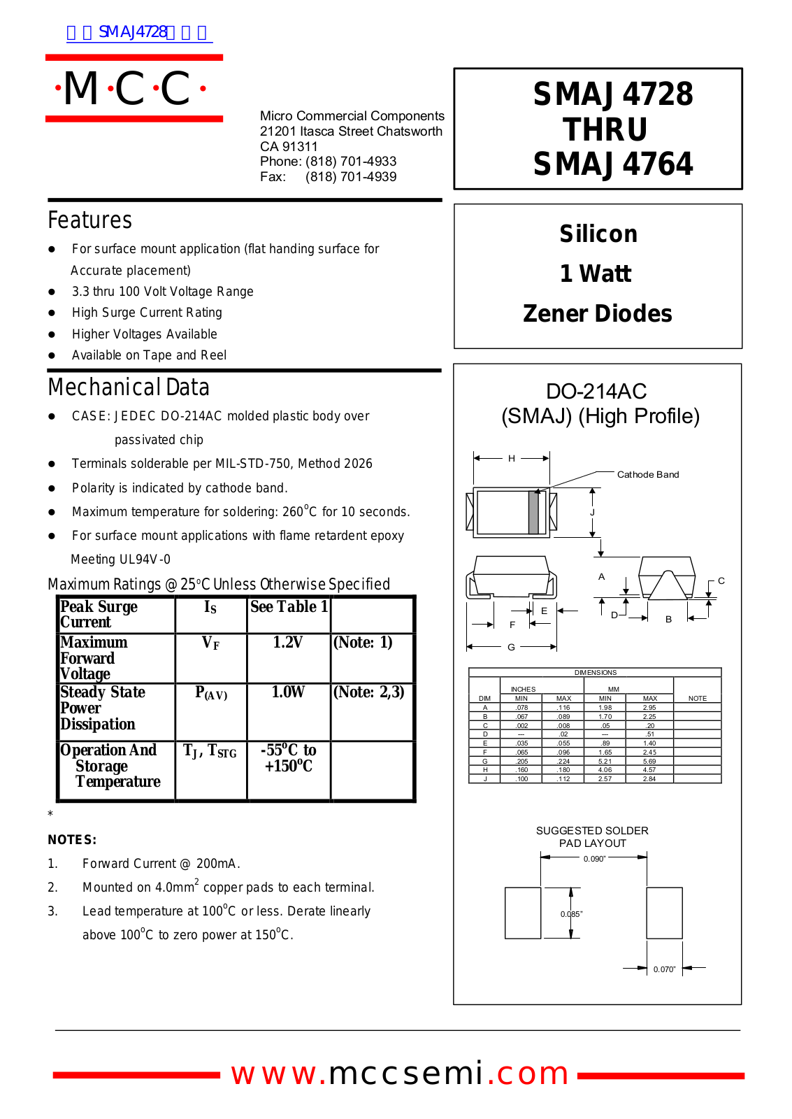 Micro Commercial Components SMAJ4728, SMAJ4764 Technical data