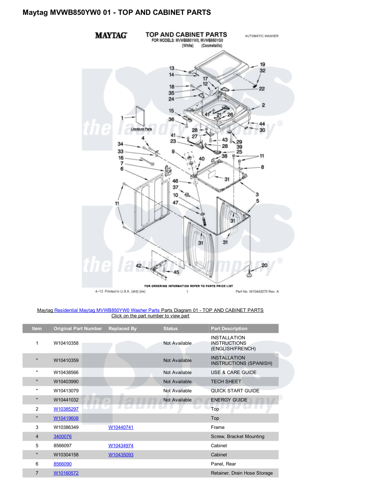 Maytag MVWB850YW0 Parts Diagram