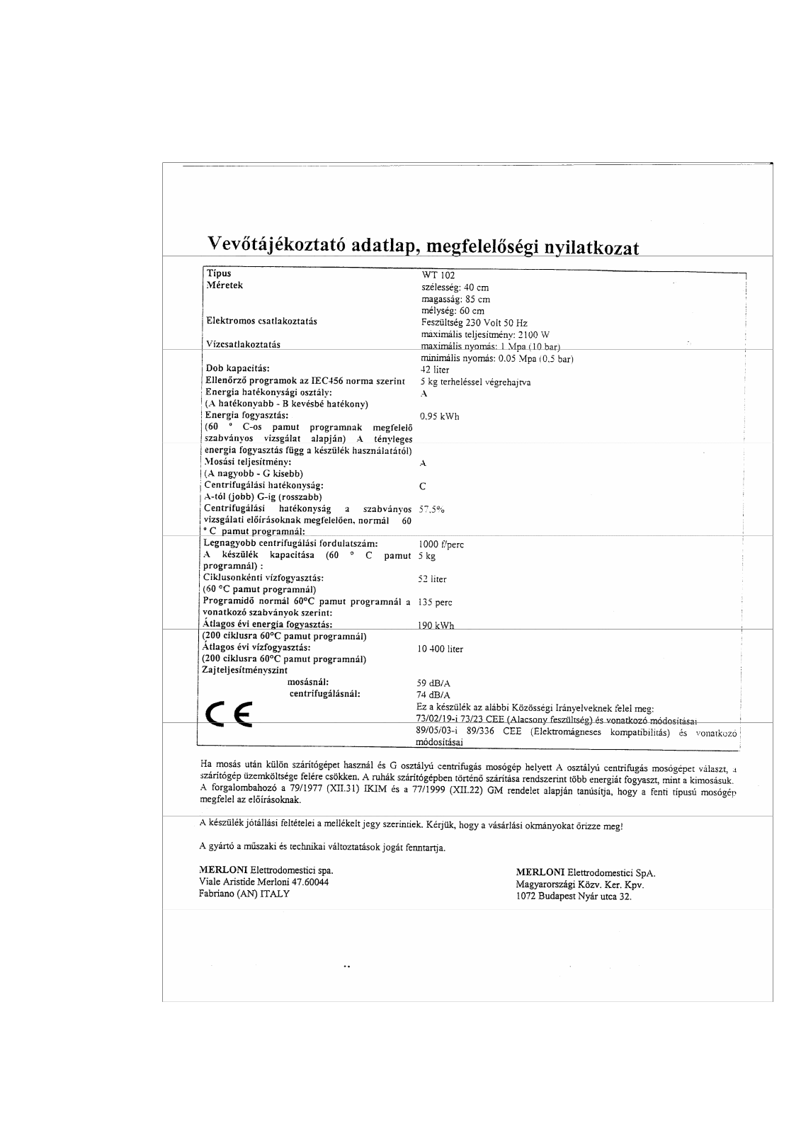 Indesit WT 102 User Manual