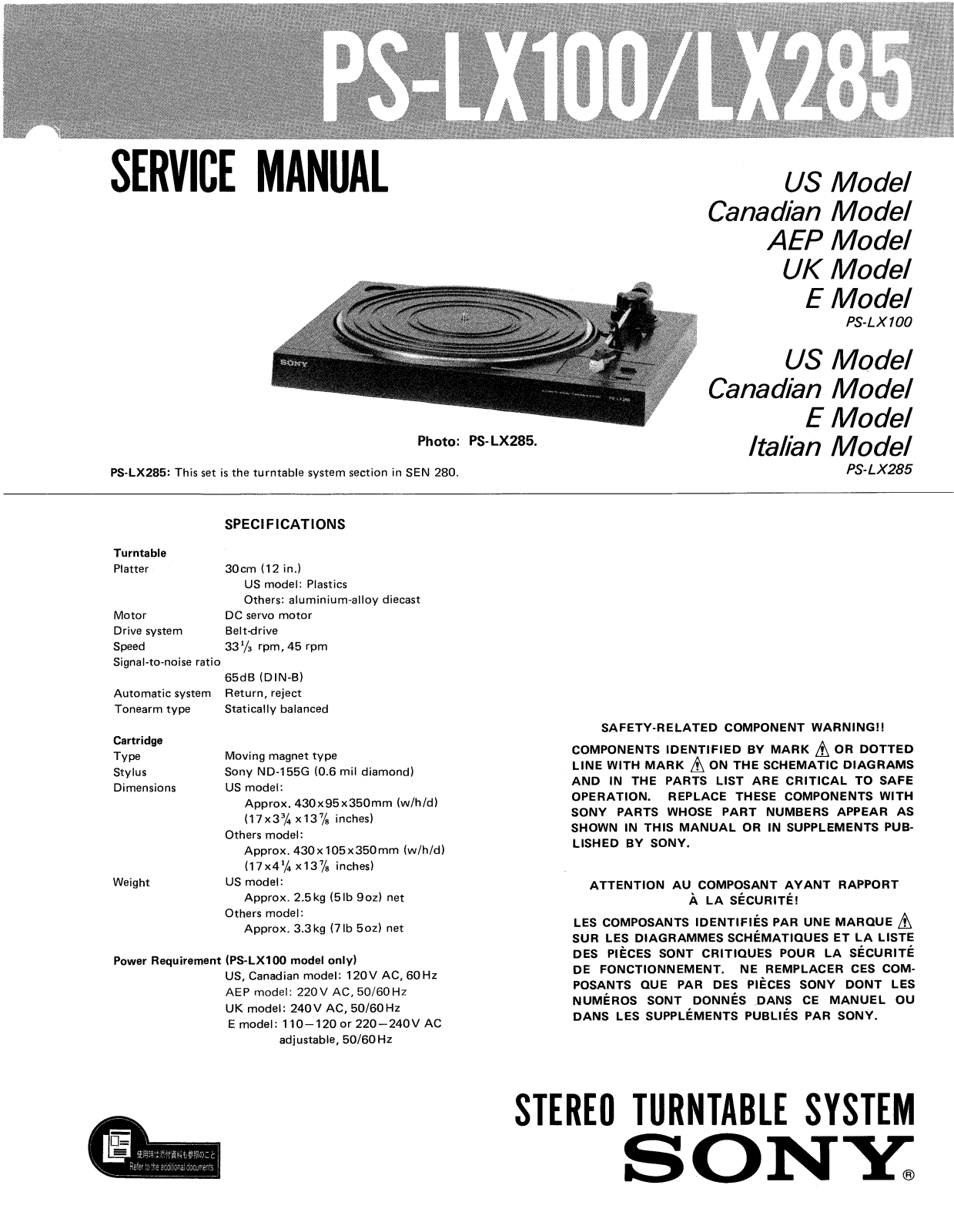 Sony PSLX-100, PSLX-285 Service manual