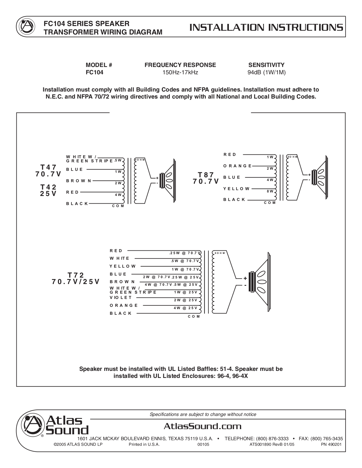 Atlas Sound FC104 User Manual