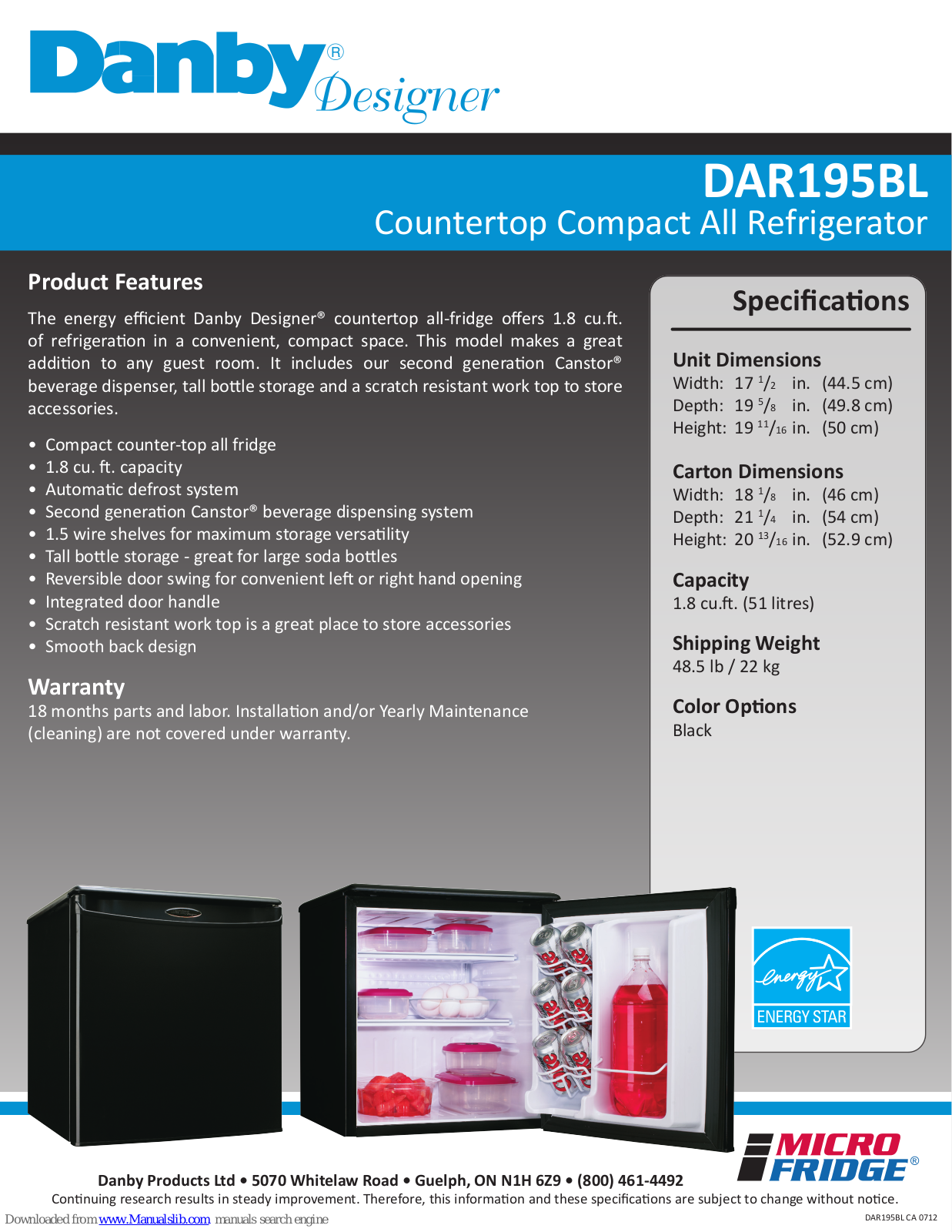 MicroFridge Danby Designer DAR195BL Specifications - ManualMachine.com