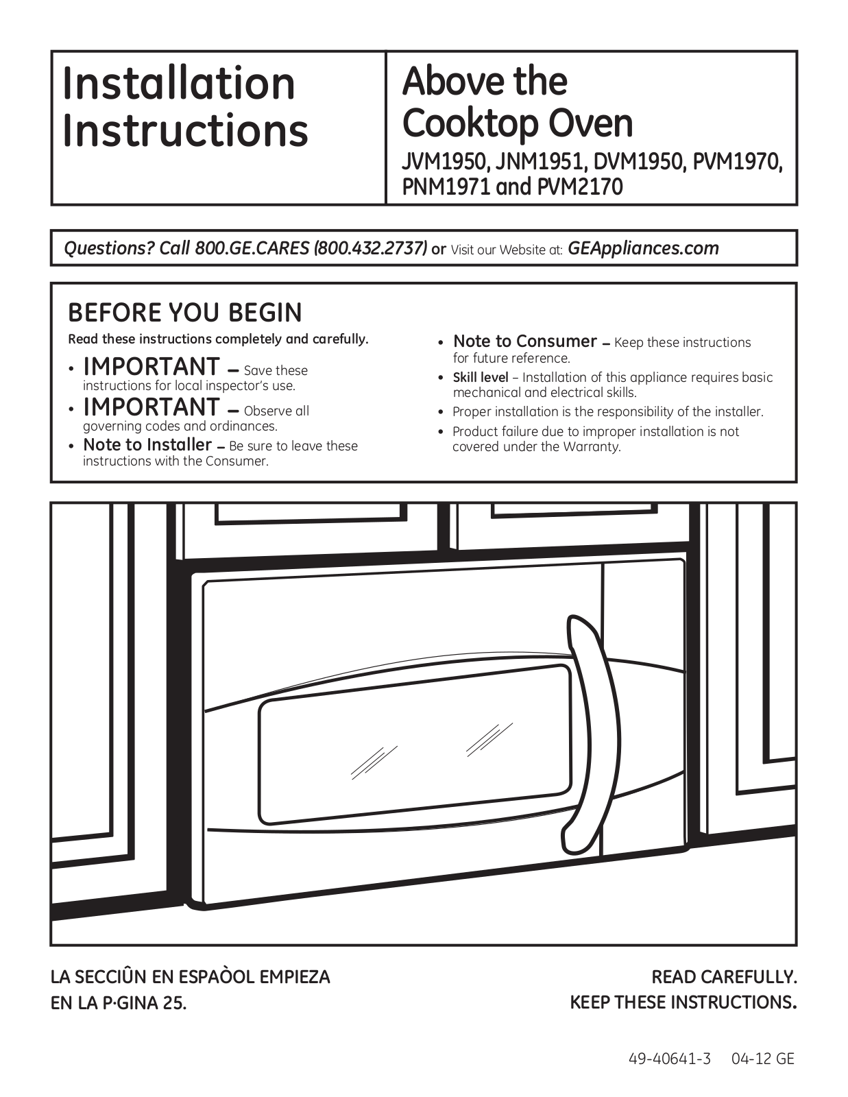 GE JNM1951, DVM1950, PVM1970, PNM1971, PVM2170 Installation Instructions