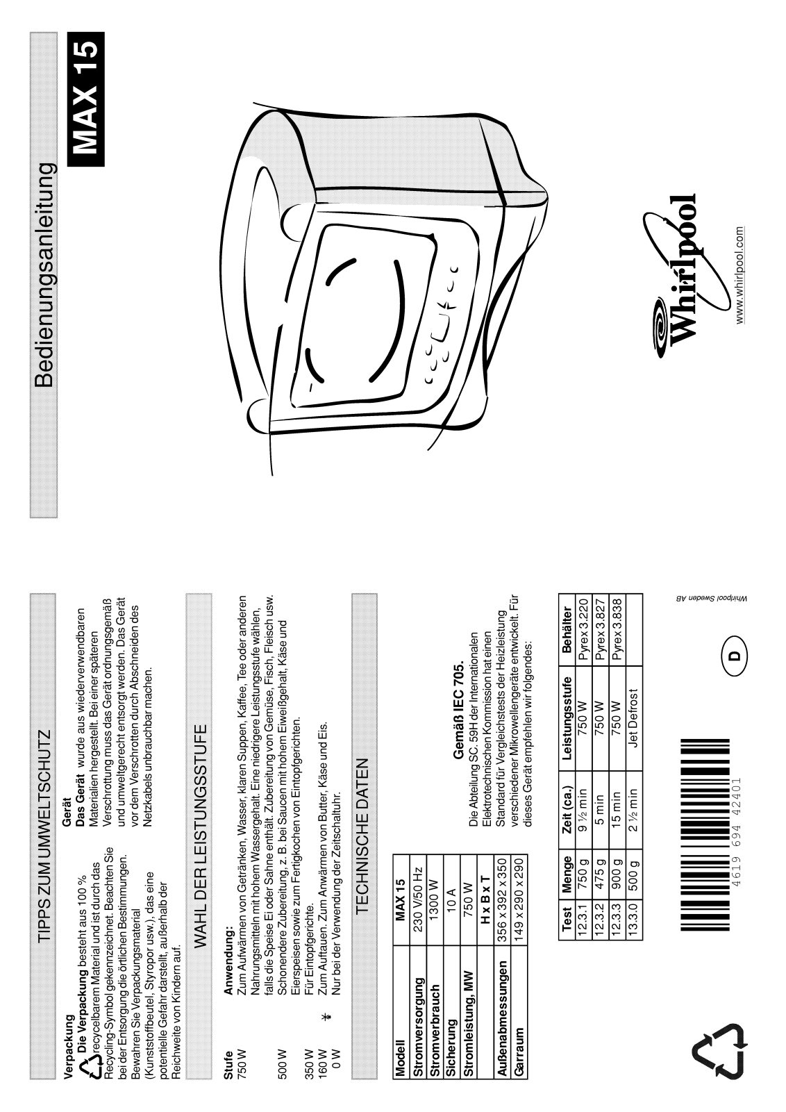 Whirlpool MAX 15/AB, MAX 15/AW INSTRUCTION FOR USE