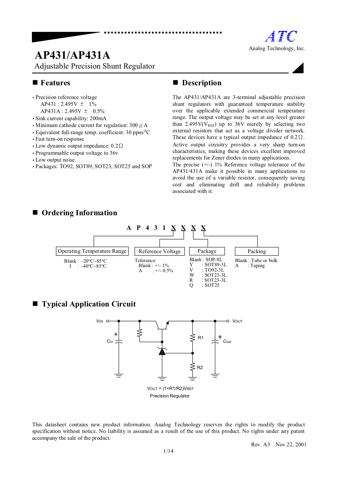 ATC AP431YA, AP431Y, AP431W, AP431VA, AP431V Datasheet