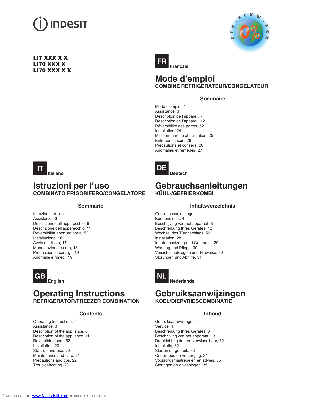 Indesit LI7 series, LI70 series Operating Instructions Manual