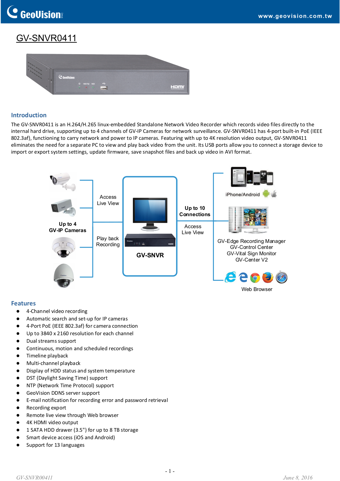 Geovision GV-SNVR0411 Specsheet