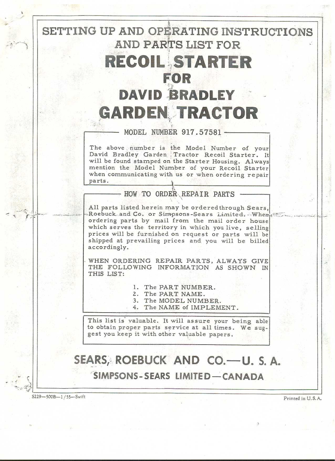 David Bradley 917.57581 Operating instructions