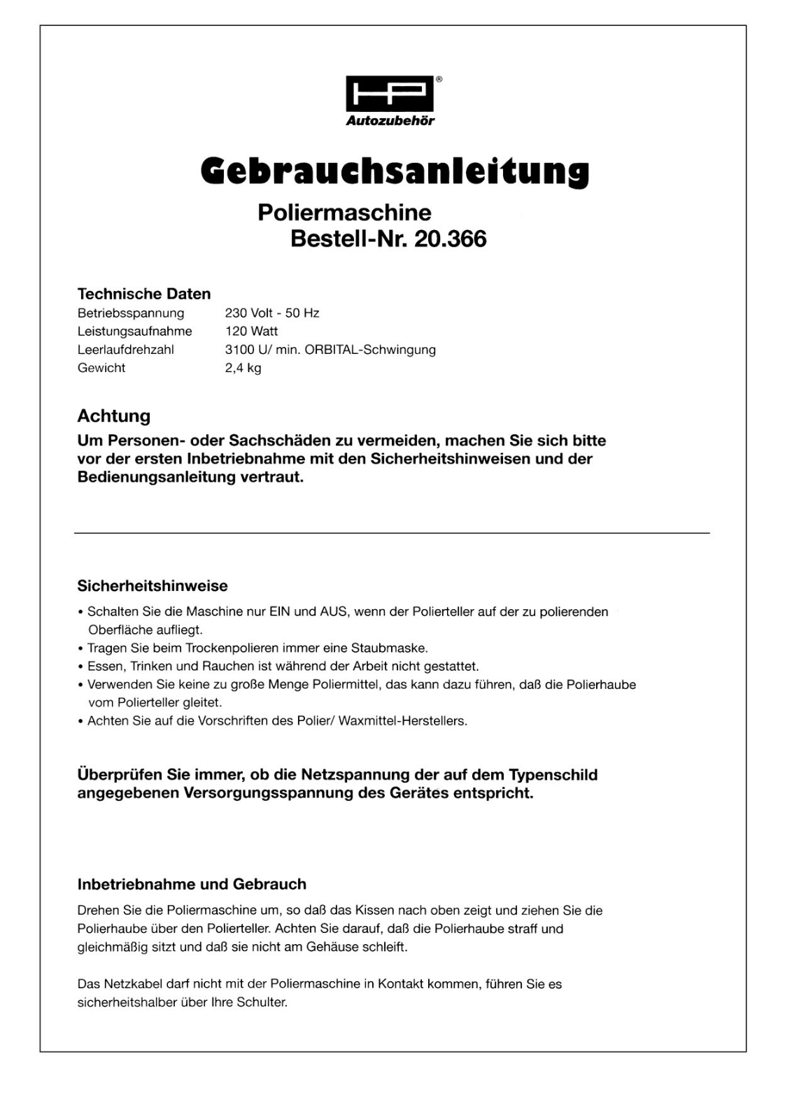 HP Autozubehör 20366 User guide