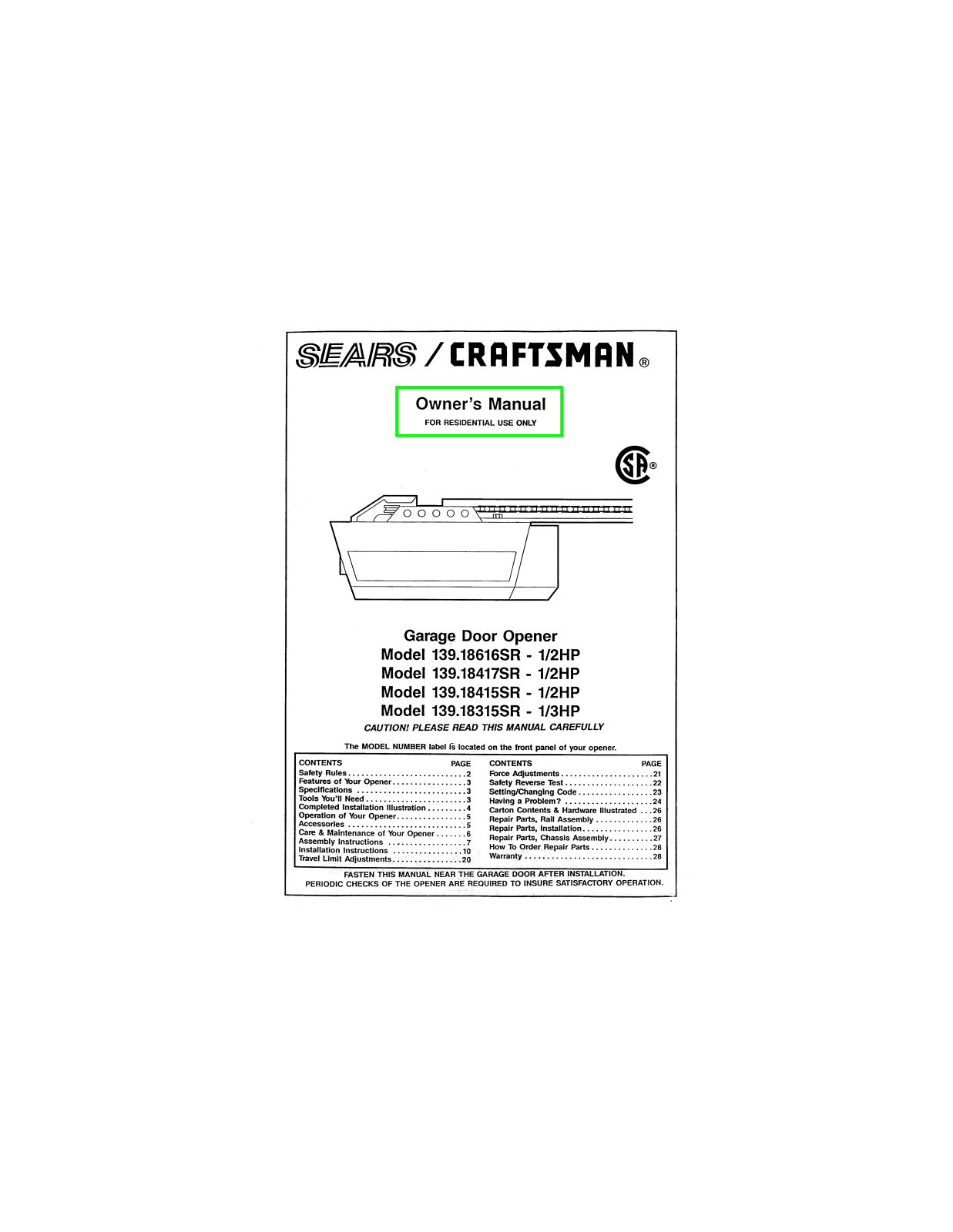 Craftsman 139.18616SR, 139.18417SR, 139.18415SR, 139.18315SR Owner's Manual