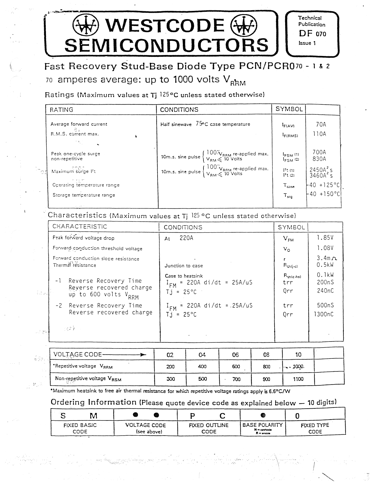 Datasheet DF 070 Datasheet (Westcode Semiconductors) - ManualMachine.com