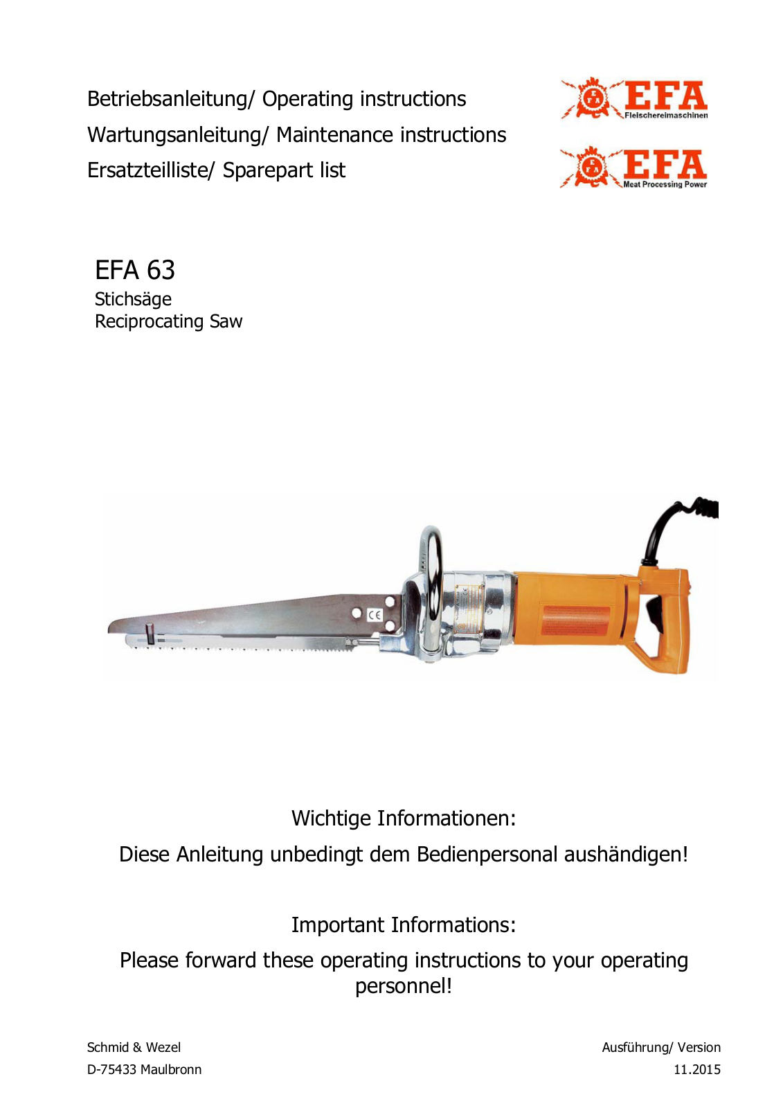 EFA 63 Operating Instructions, Maintenance Instructions, Spare Part List - ManualMachine.com