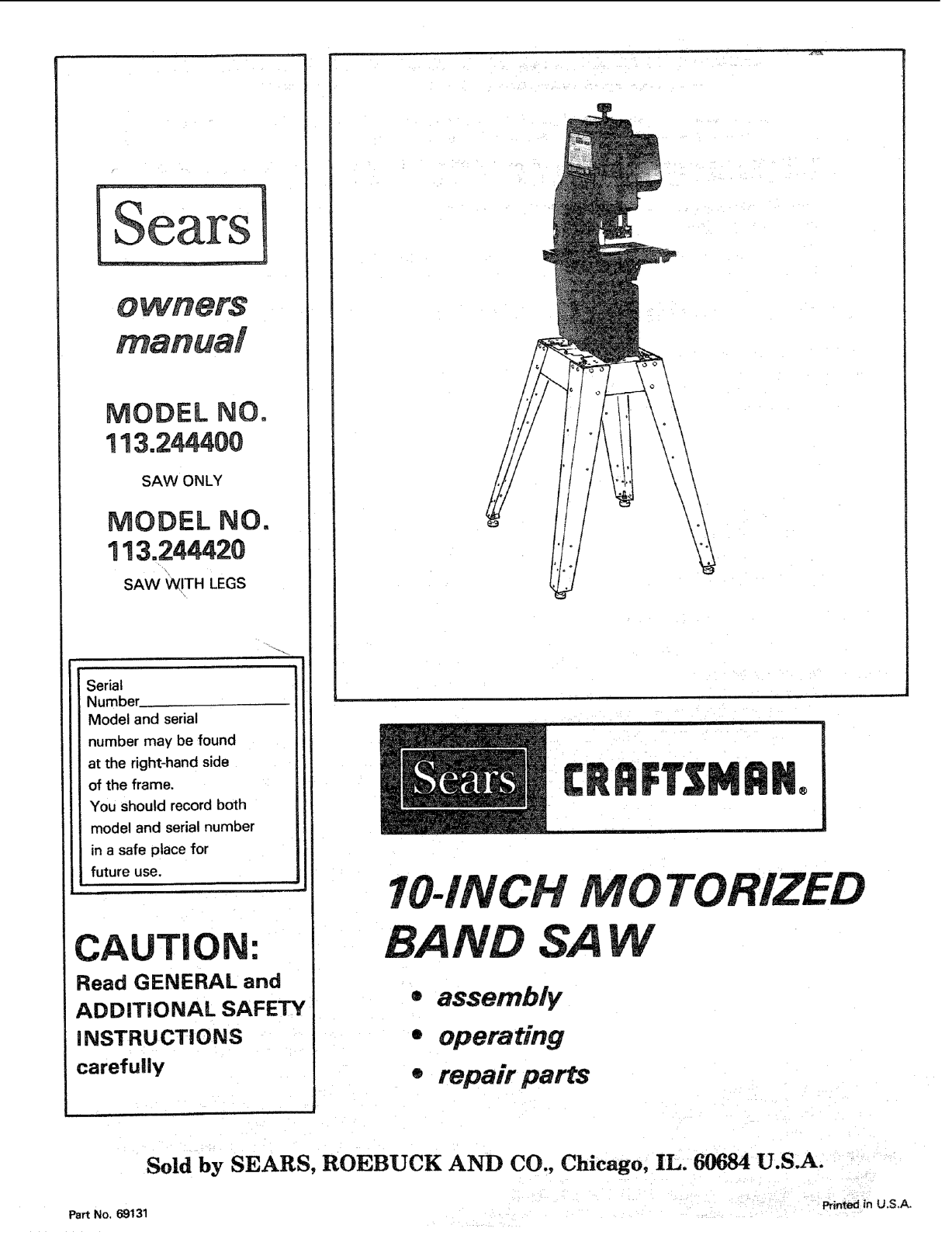 Craftsman 113244420, 113244400 Owner’s Manual