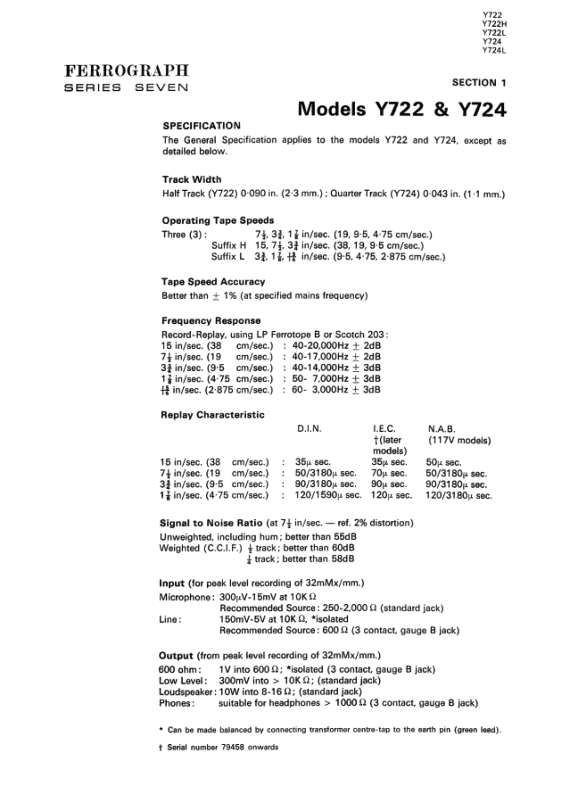 Ferrograph Y-713, Y-722, Y-724, Y-722-H, Y-722-L Service manual