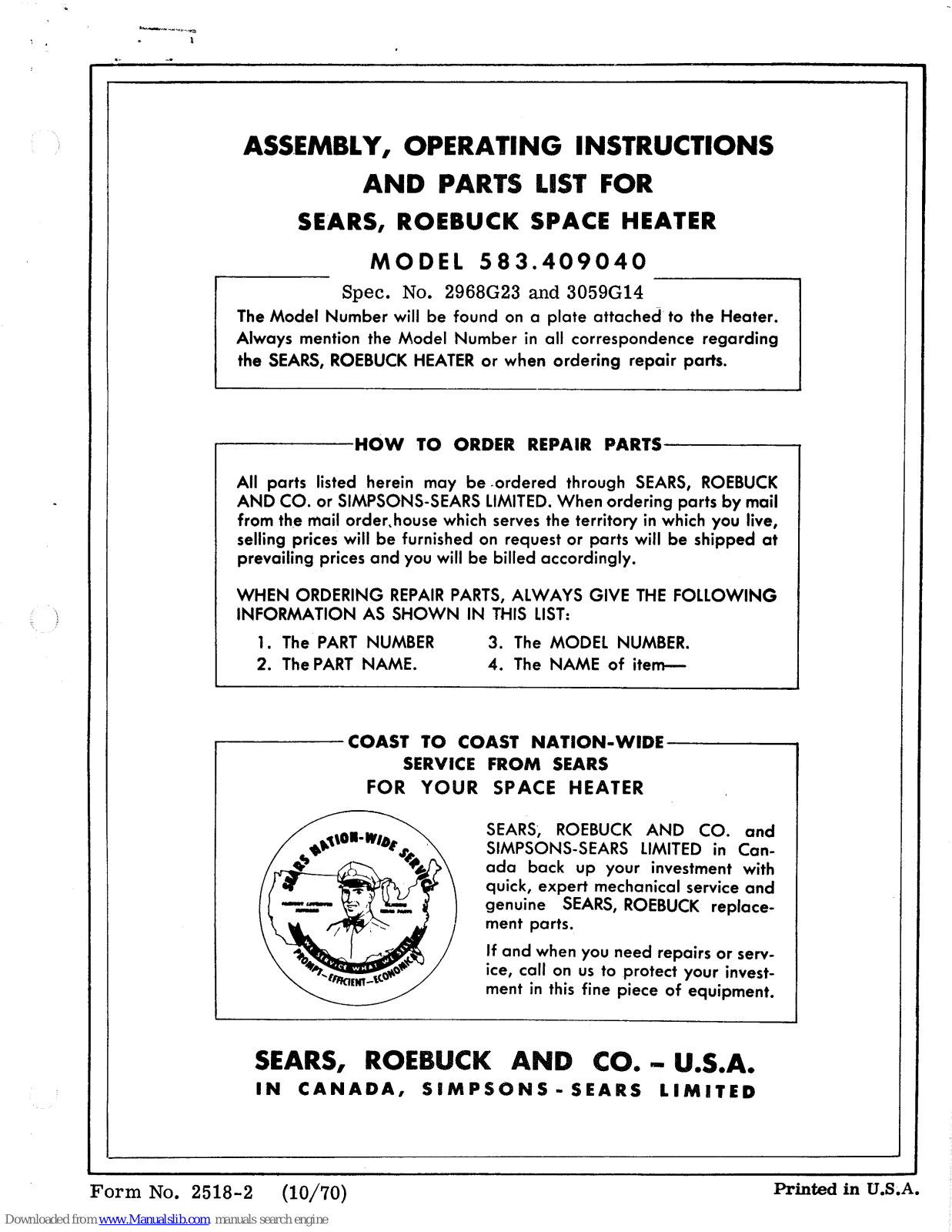 Sears, Roebuck and Co. 583.409040 Assembly, Operating, And Maintenance Instructions