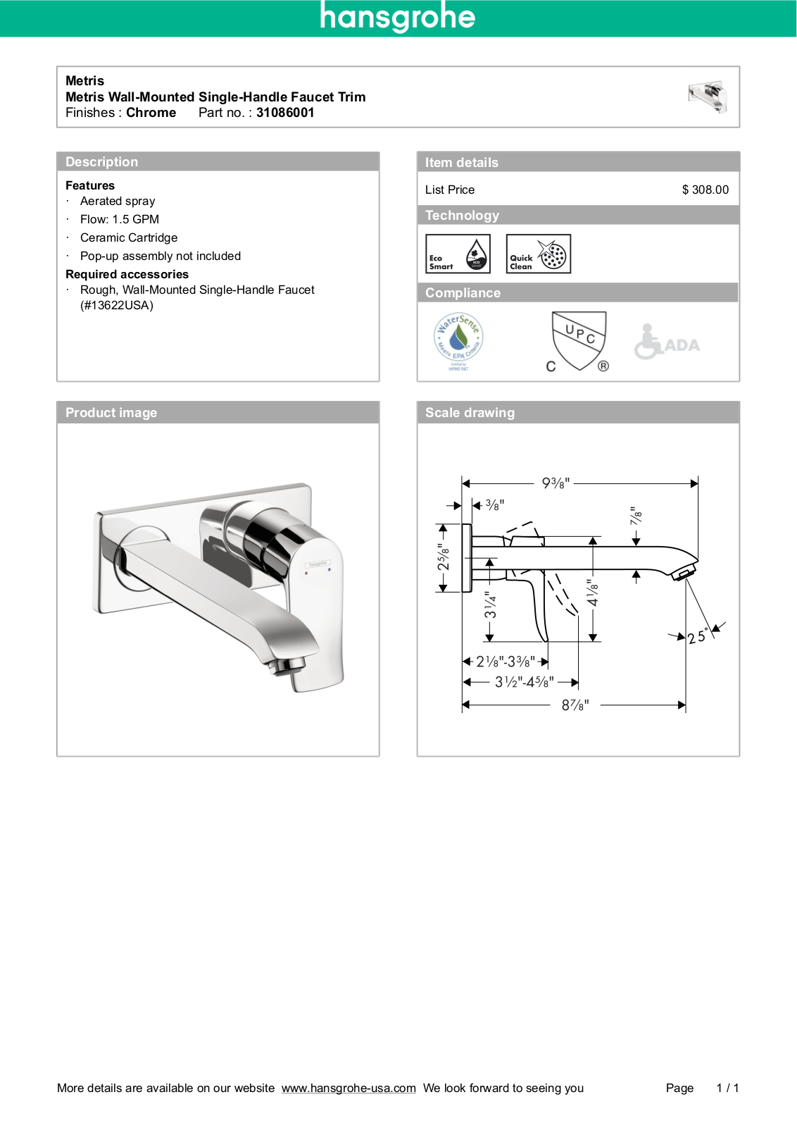 Hansgrohe 31086001 Specs