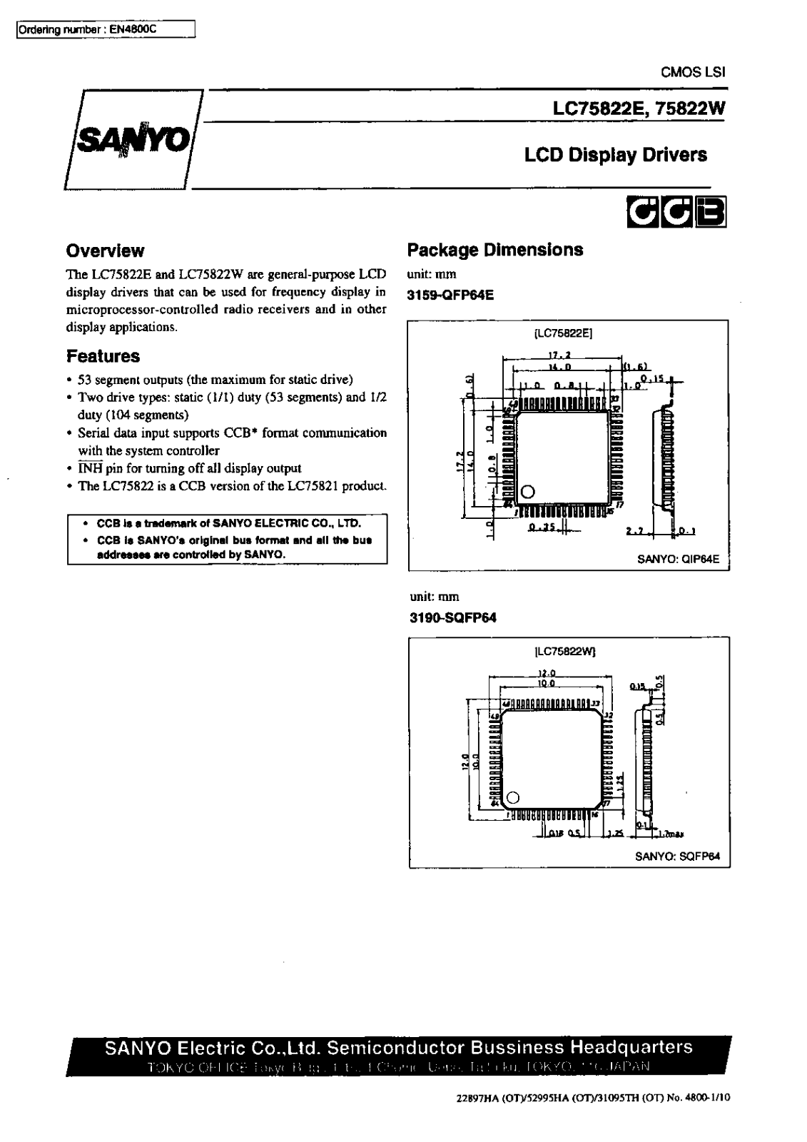 SANYO LC75822W, LC75822E Datasheet