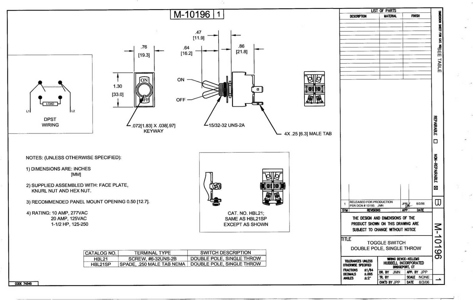 Hubbell HBL21 Reference Drawing