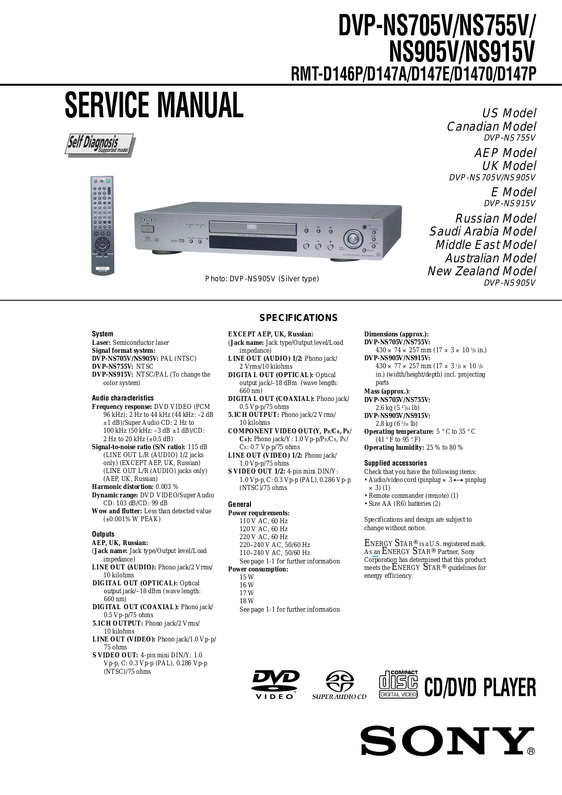 Sony DVP-NS705V, DVP-755V, DVP-905V, DVP-915V Service Manual