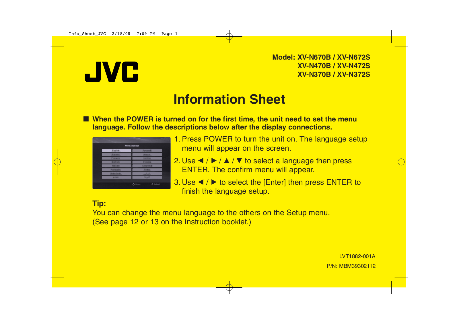 JVC XV-N370B, XV-N670B, XV-N672S, XV-N470B, XV-N472S Information Sheet