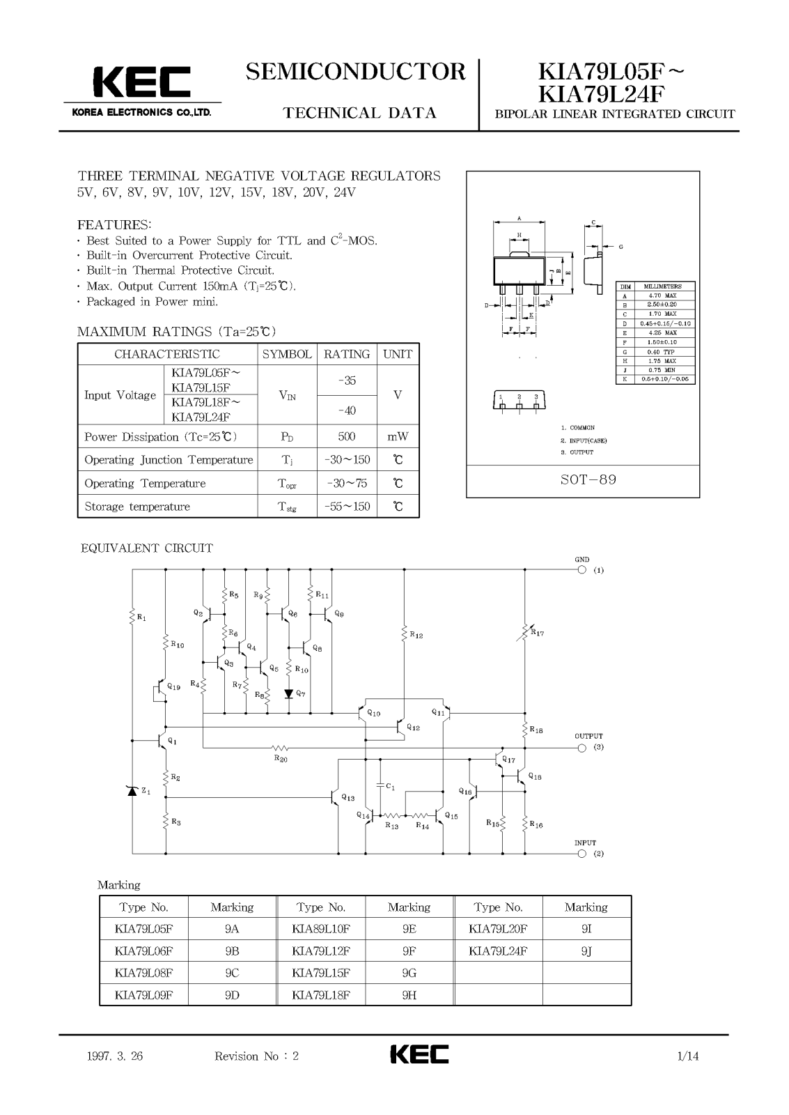 KEC KIA79L24F, KIA79L18F, KIA79L15F, KIA79L12F, KIA79L10F Datasheet